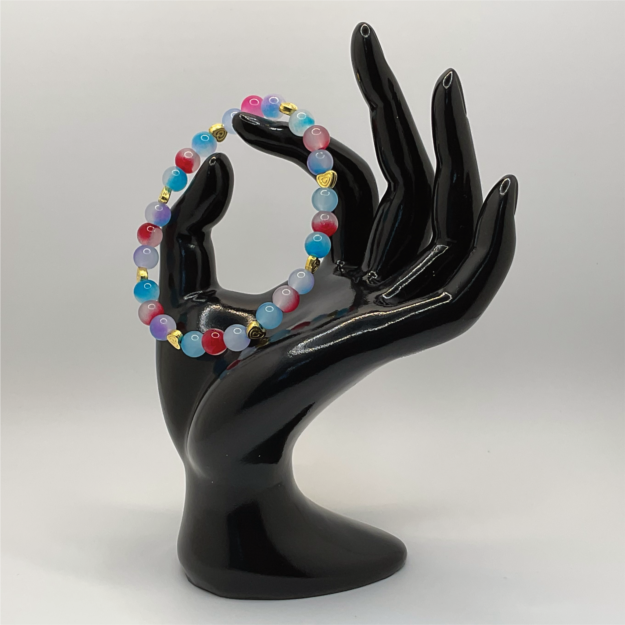 Pink Blue Dragon Vein Agate Bracelet with Gold Heart Spacers