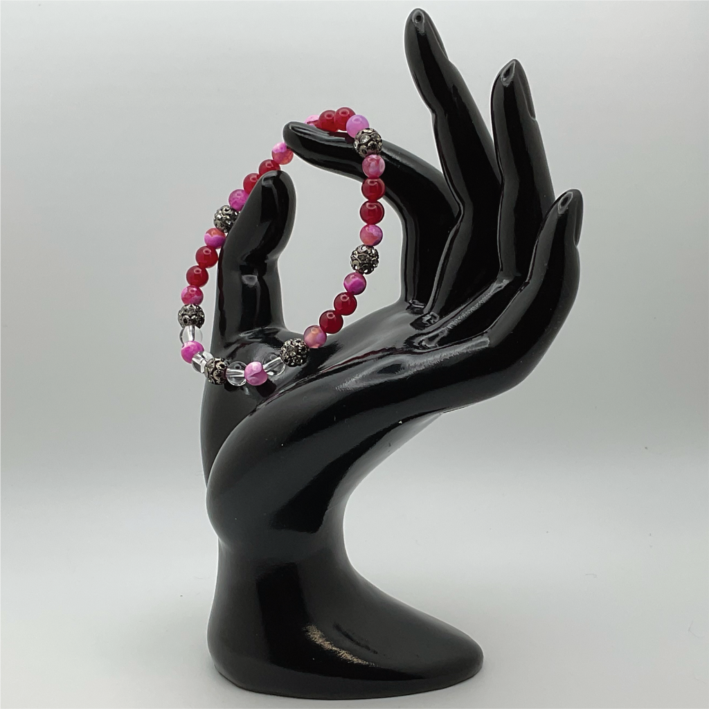Pulsera de ágata Dragon Vein rosa coral rojo y cuarzo transparente con separadores de cristal negro