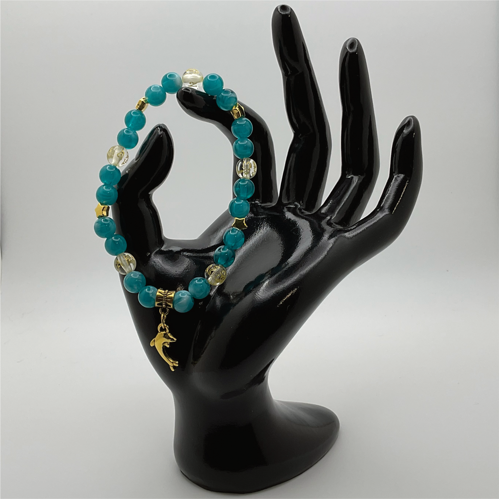 Pulsera con dije de delfín Pixiu de ágata veteada de dragón aguamarina y citrino con espaciadores de estrella dorados