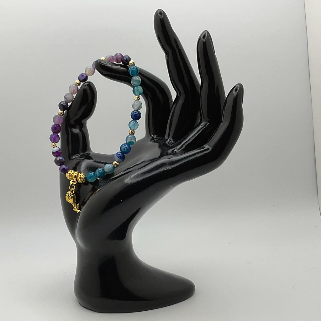 Blue and Purple Dragon Vein Agate Flower Charm Bracelet with Gold Spacers