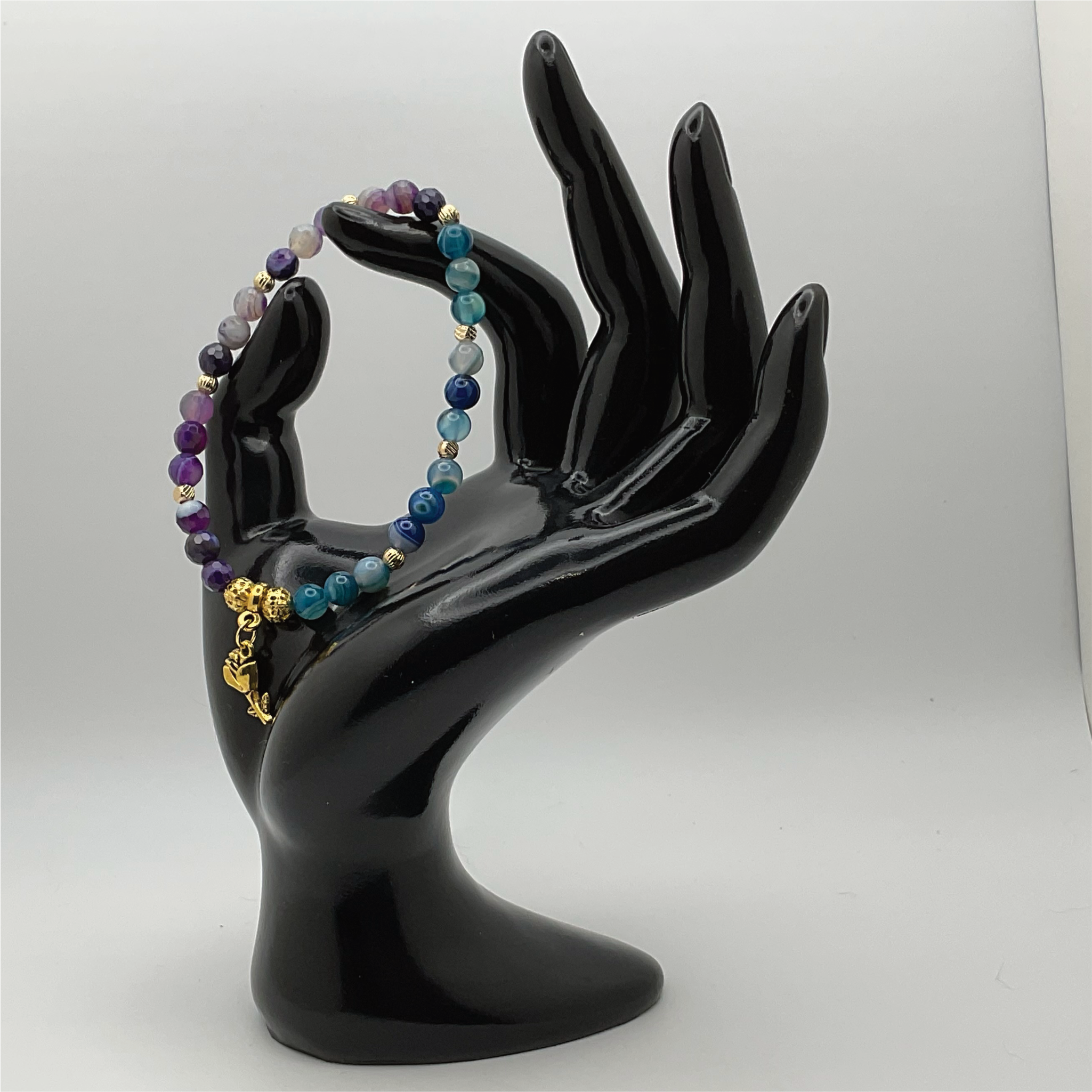 Pulsera con dije de flor de ágata Blue and Purple Dragon Vein con separadores dorados