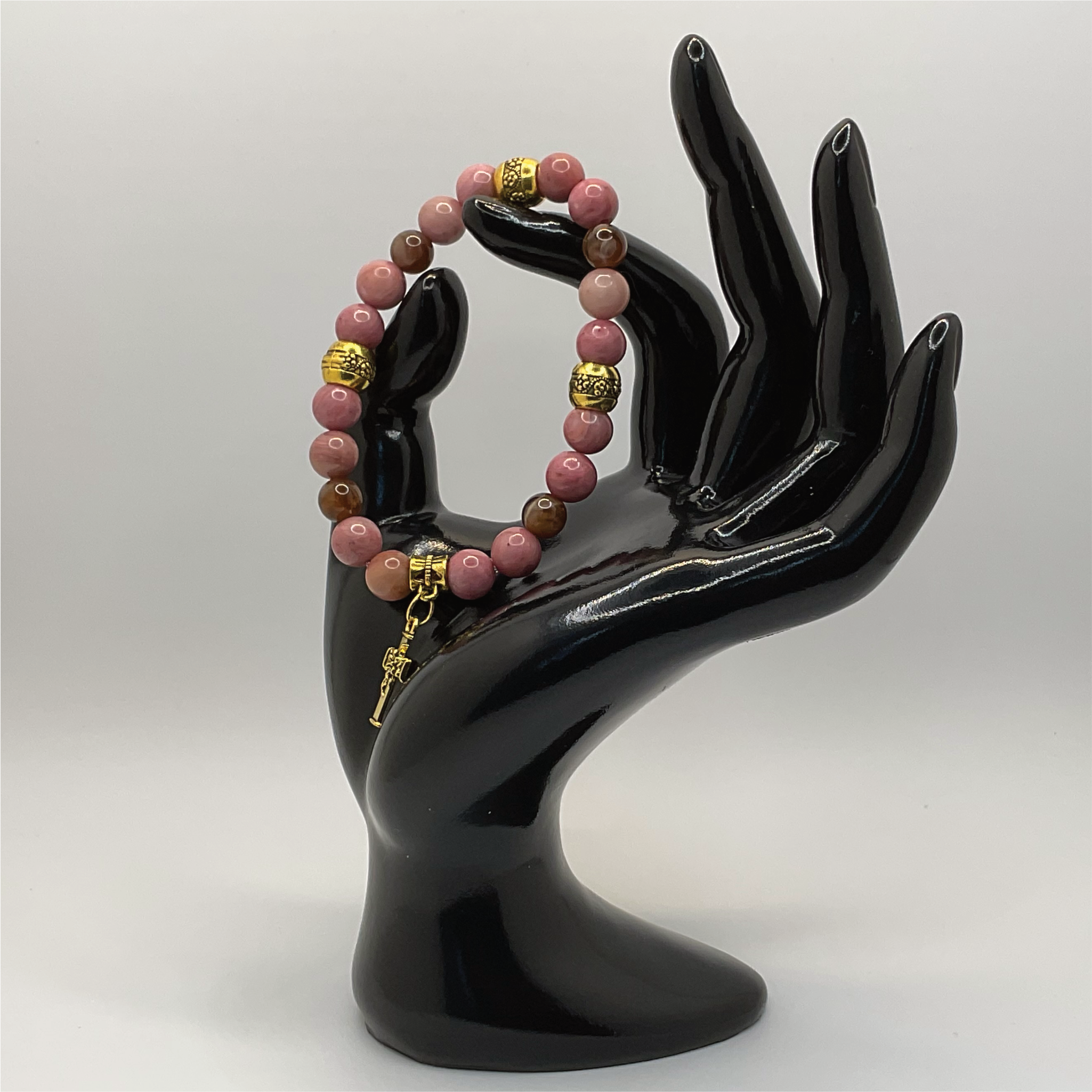 Pink Opal Holy Cross Charm Bracelet with Gold Spacers