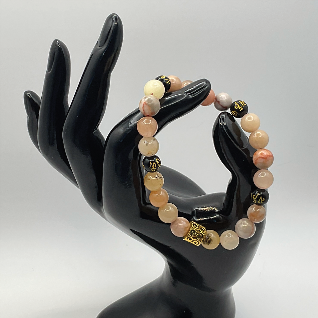 Oriental Agate Pixiu Bracelet with Gold Tone Barrel Spacers