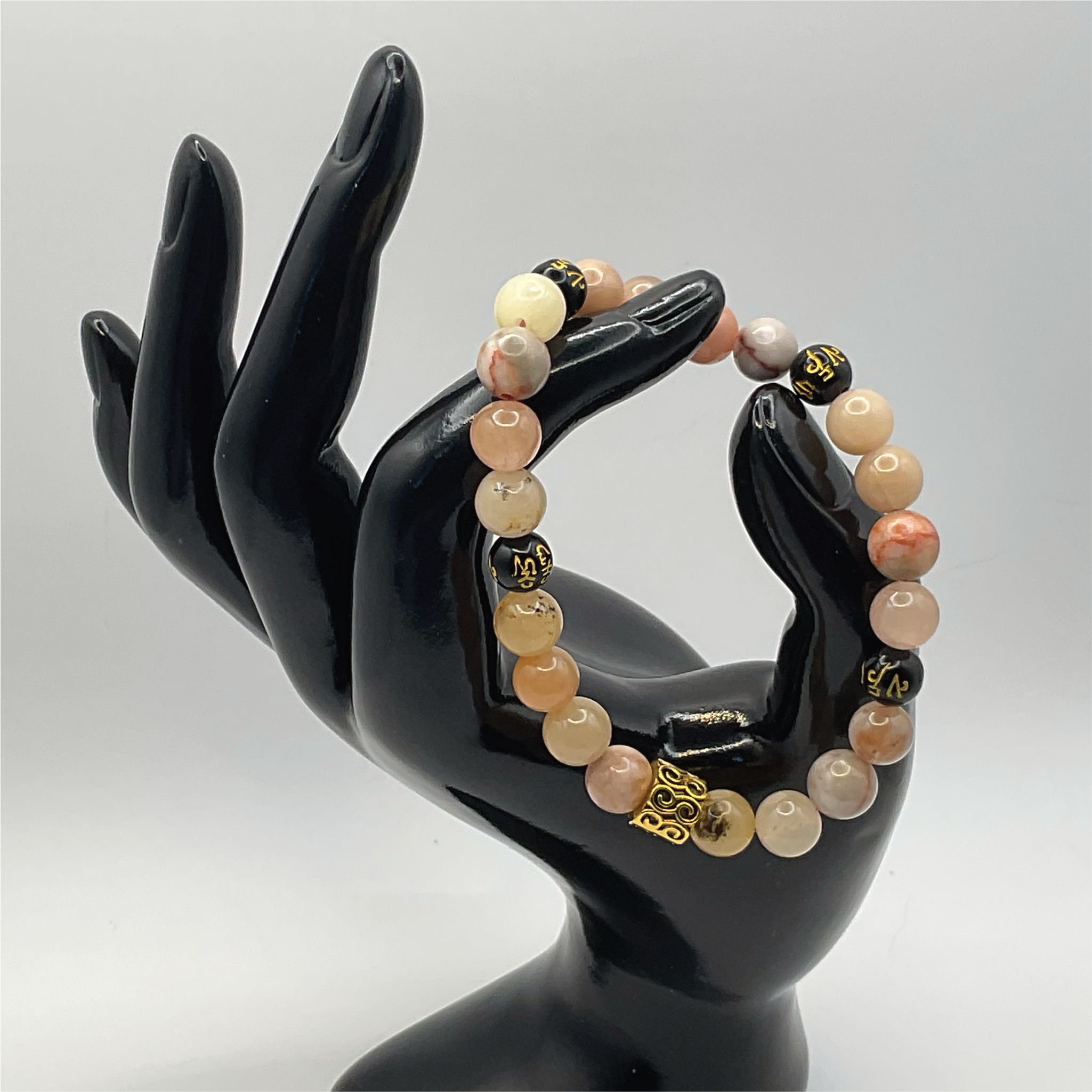 Oriental Agate Pixiu Bracelet with Gold Tone Barrel Spacers