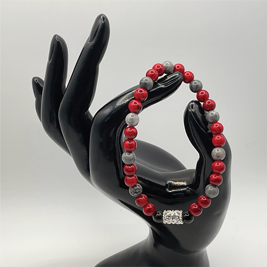 Red Howlite Angelite Black Agate Bracelet with Silver Tone Barrel Spacers