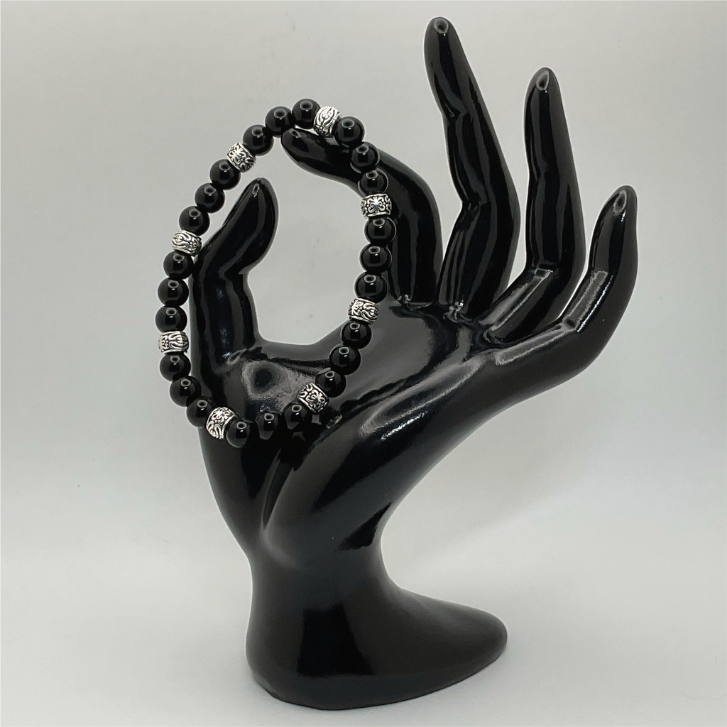 Black Agate Bracelet with Silver Spacers
