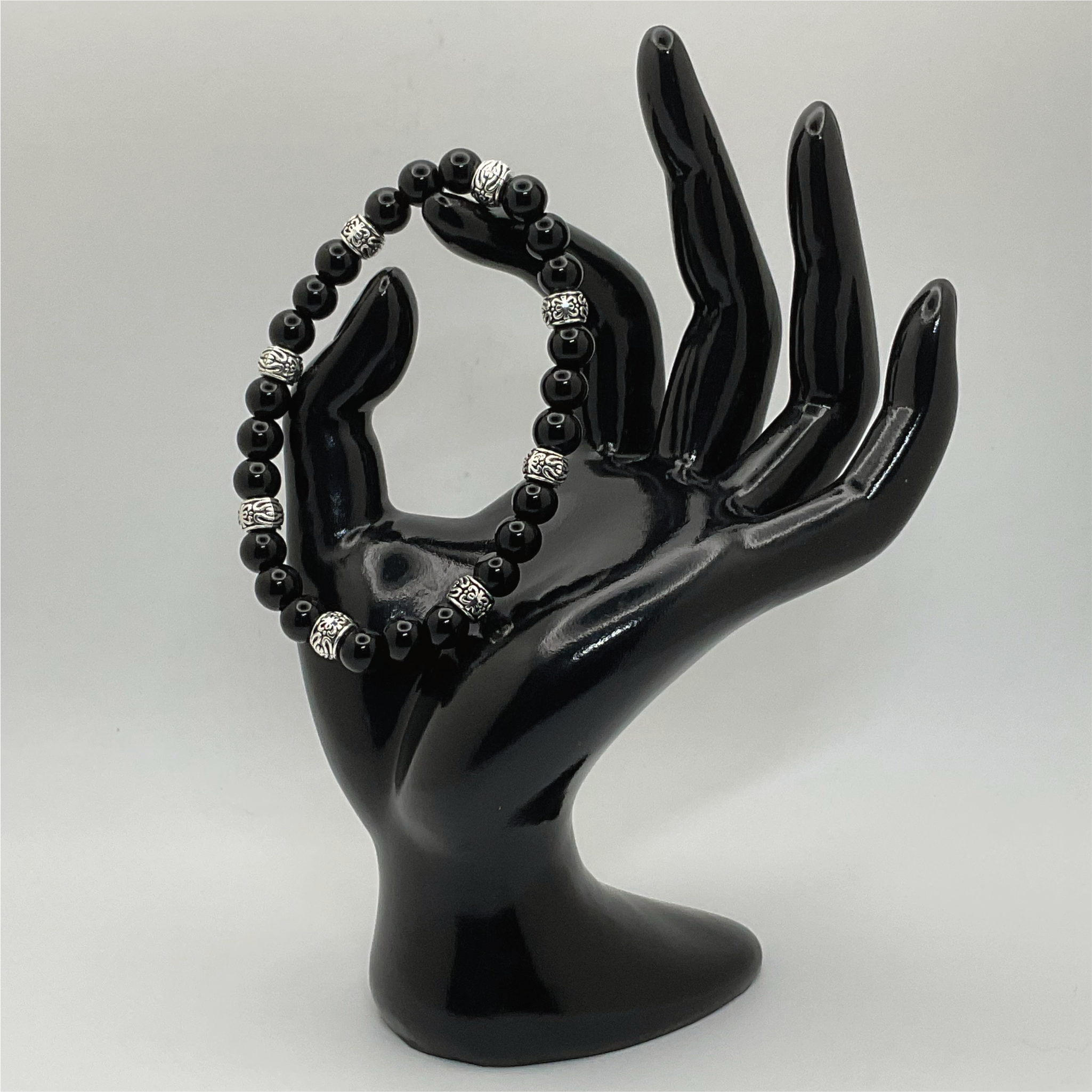 Black Agate Bracelet with Silver Spacers