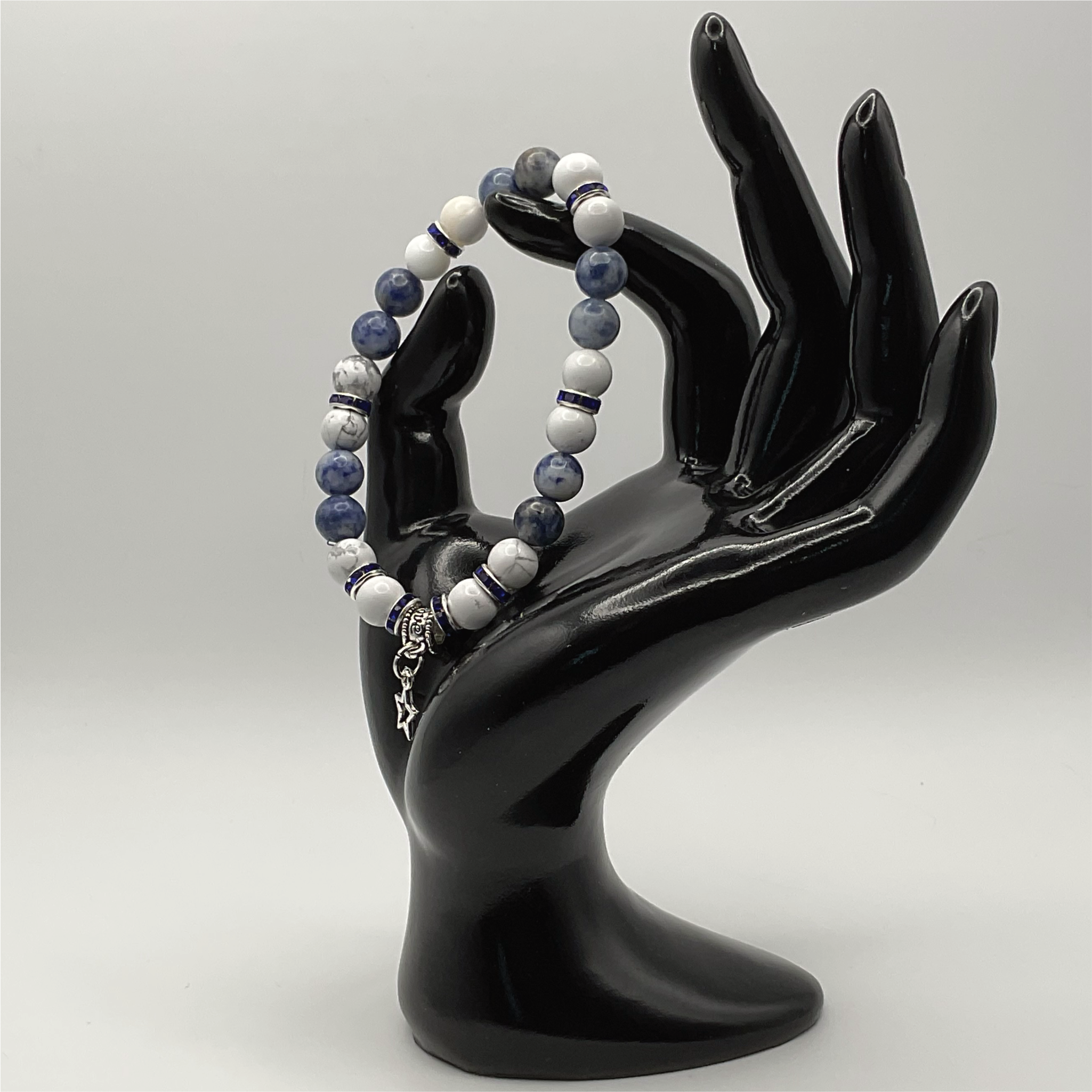 Magnesite Sodalite Star Charm Bracelet with Silver Tone Blue Crystal Spacers
