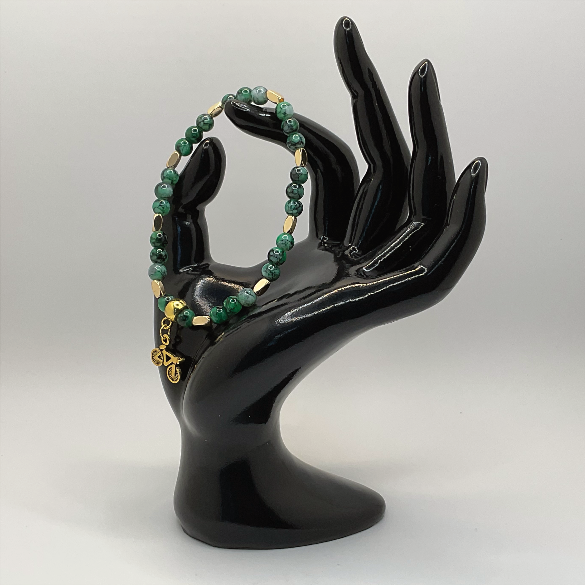 Malachite Bicycle Charm Bracelet with Gold Disc Spacers