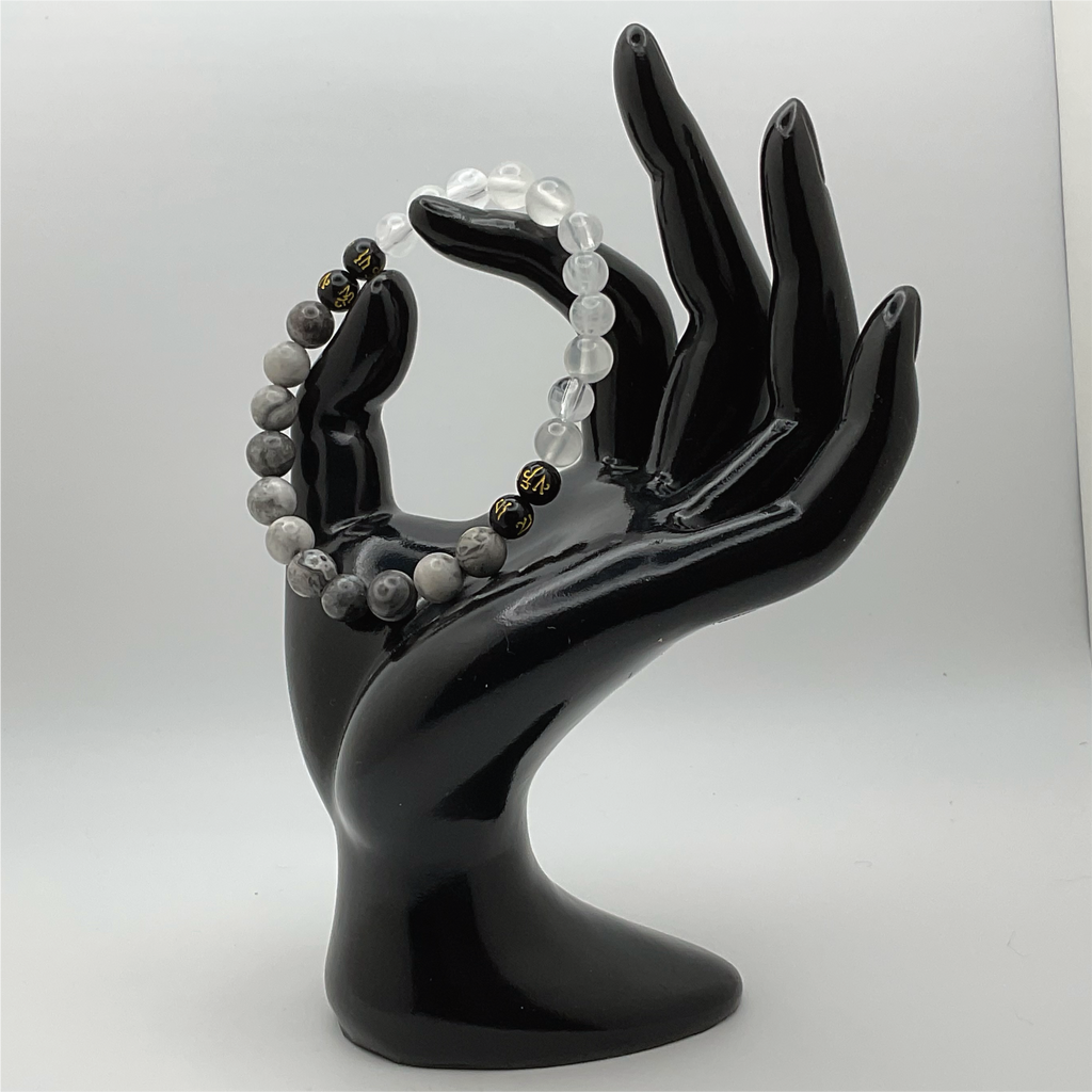 Pulsera Pixiu de Magnesita Gris, Cuarzo Nuboso y Ágata Negra