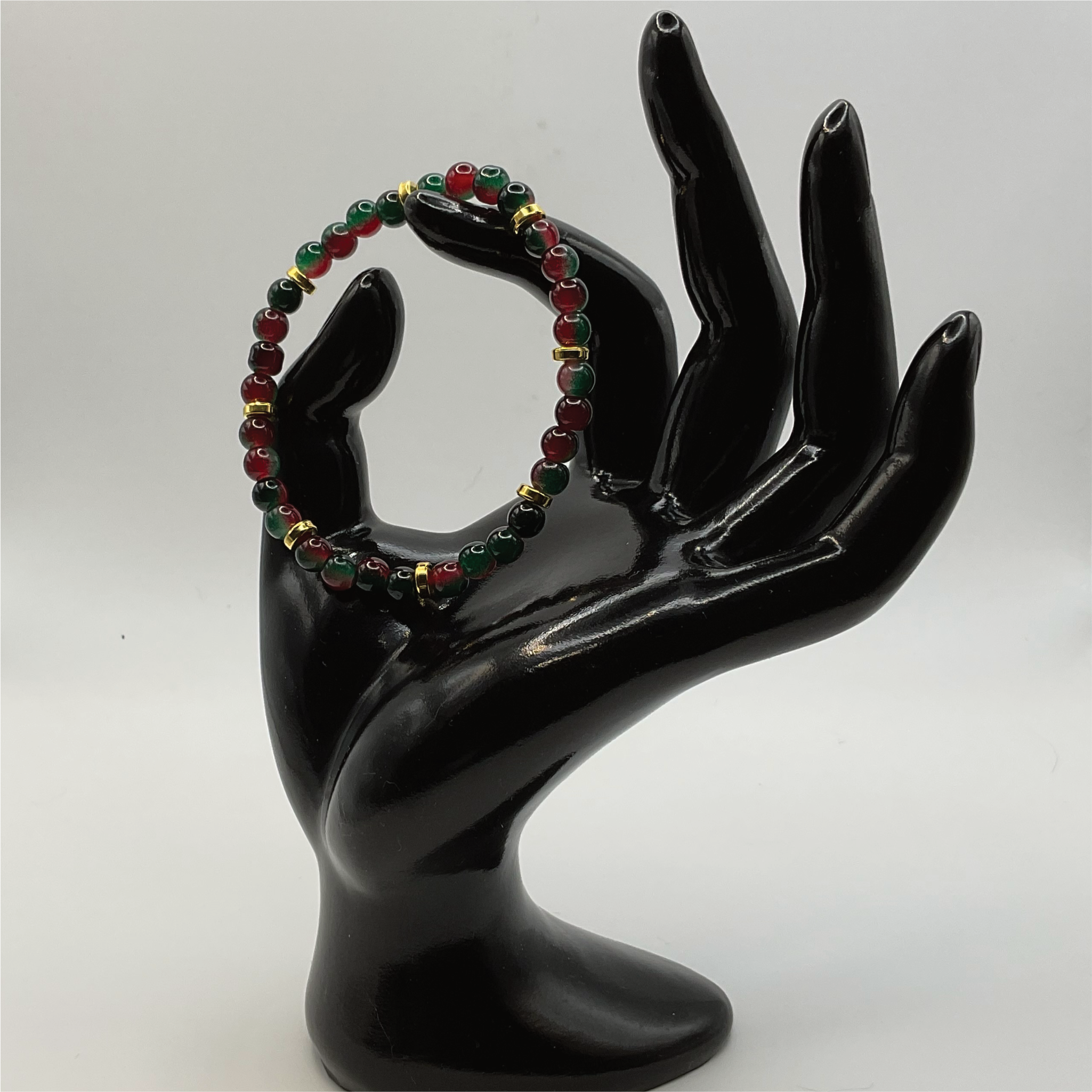 Red Green Glass Bracelet with Gold Spacers
