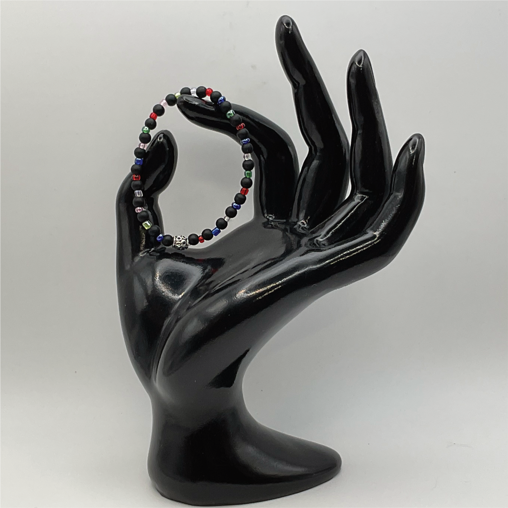 14 cm (5.5") Black Agate Silver Barrel Bracelet with Multi Colored Crystal Spacers