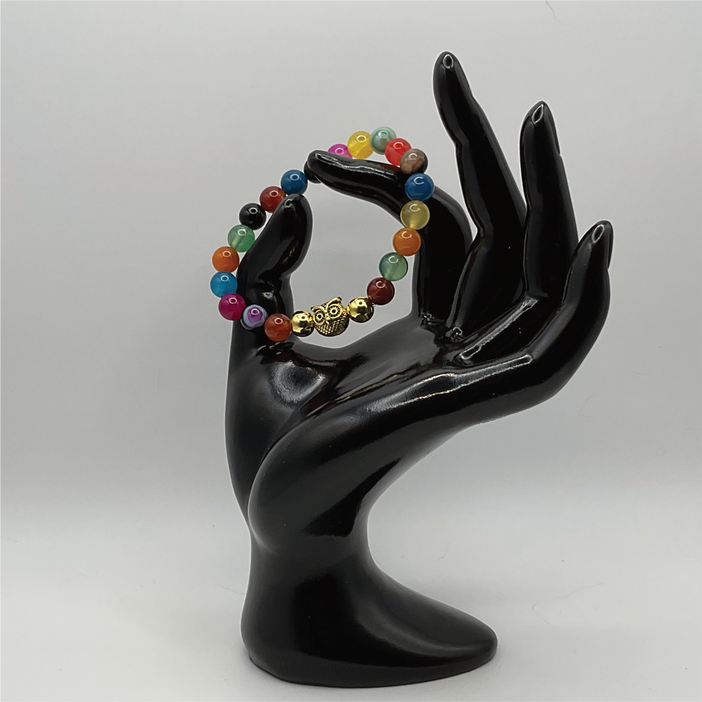 Multicolored Dragon Vein Agate Owl Charm Bracelet with Gold Tone Spacers