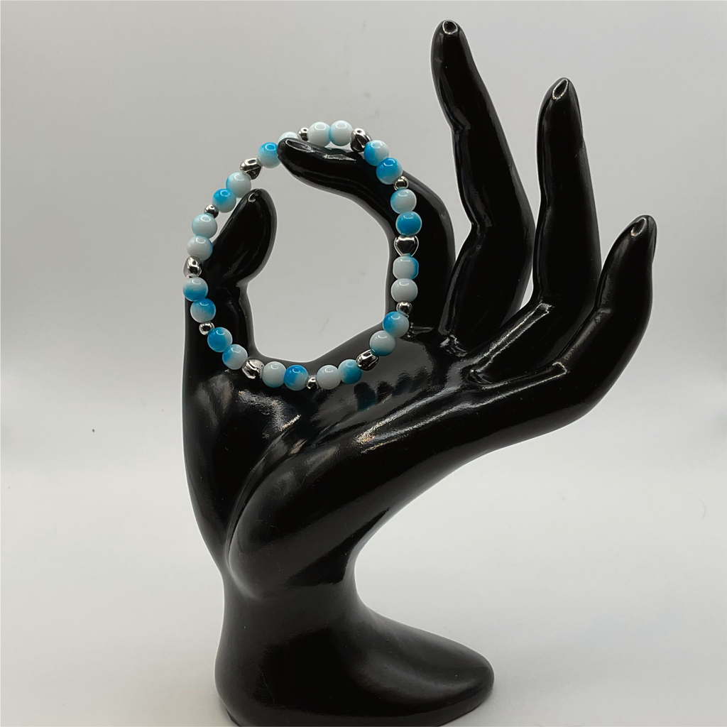 Blue White Glass Bracelet with Silver Heart Spacers