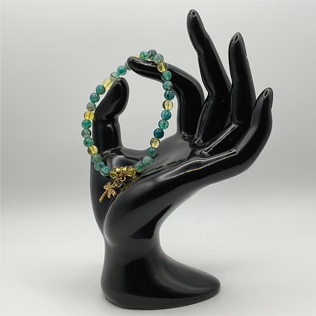 Green Dragon Vein Agate Amber Dragonfly Charm Bracelet