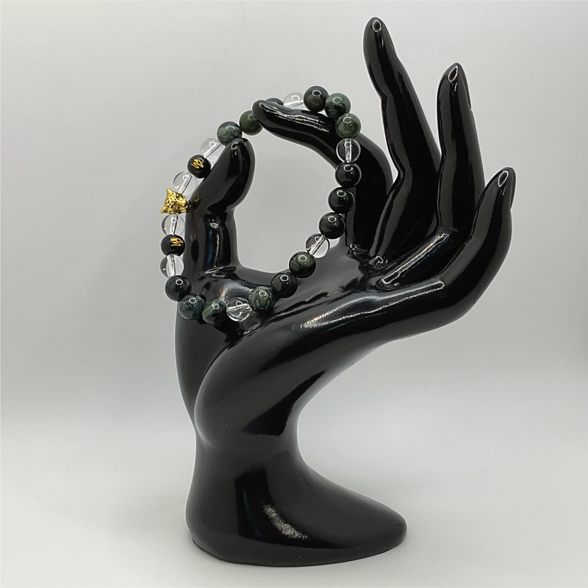 Pulsera de Cuarzo Transparente con Pixiu Negro Kambamba Jasper y Colgante de Pantera