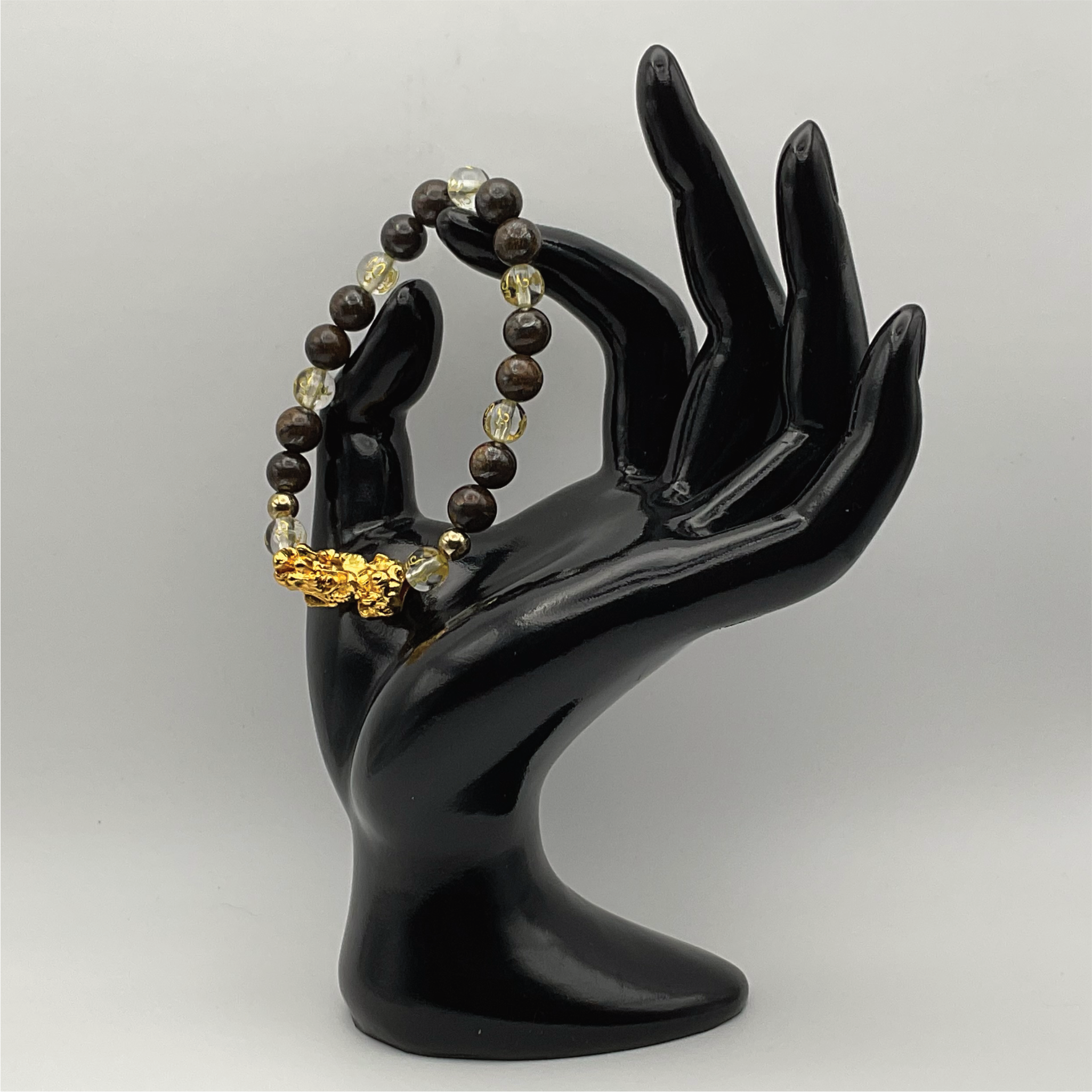 Brown Jasper Clear Quartz Pixiu Dragon Charm Bracelet with Gold Spacers