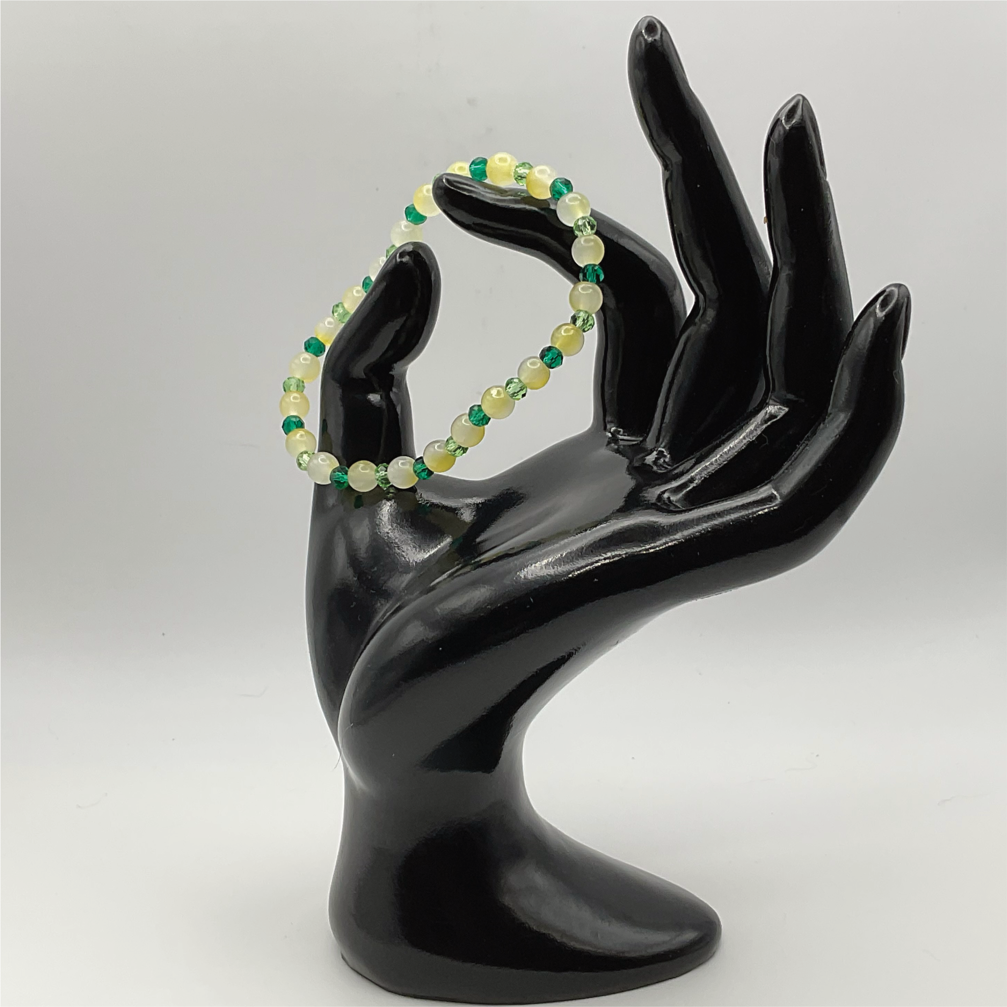 Cloudy Yellow Glass Bracelet with Tiny Green Crystal Spacers