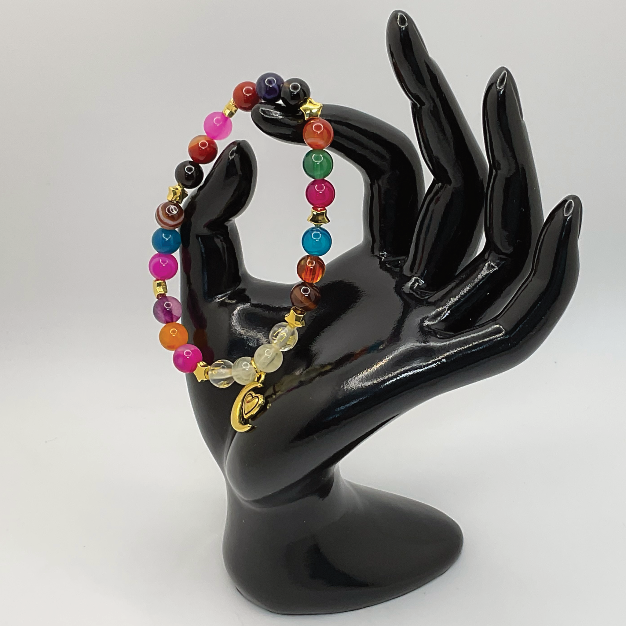 Multicolor Dragon Vein Agate Citrine Clear Pixiu Moon Heart Charm Bracelet with Gold Star Spacers