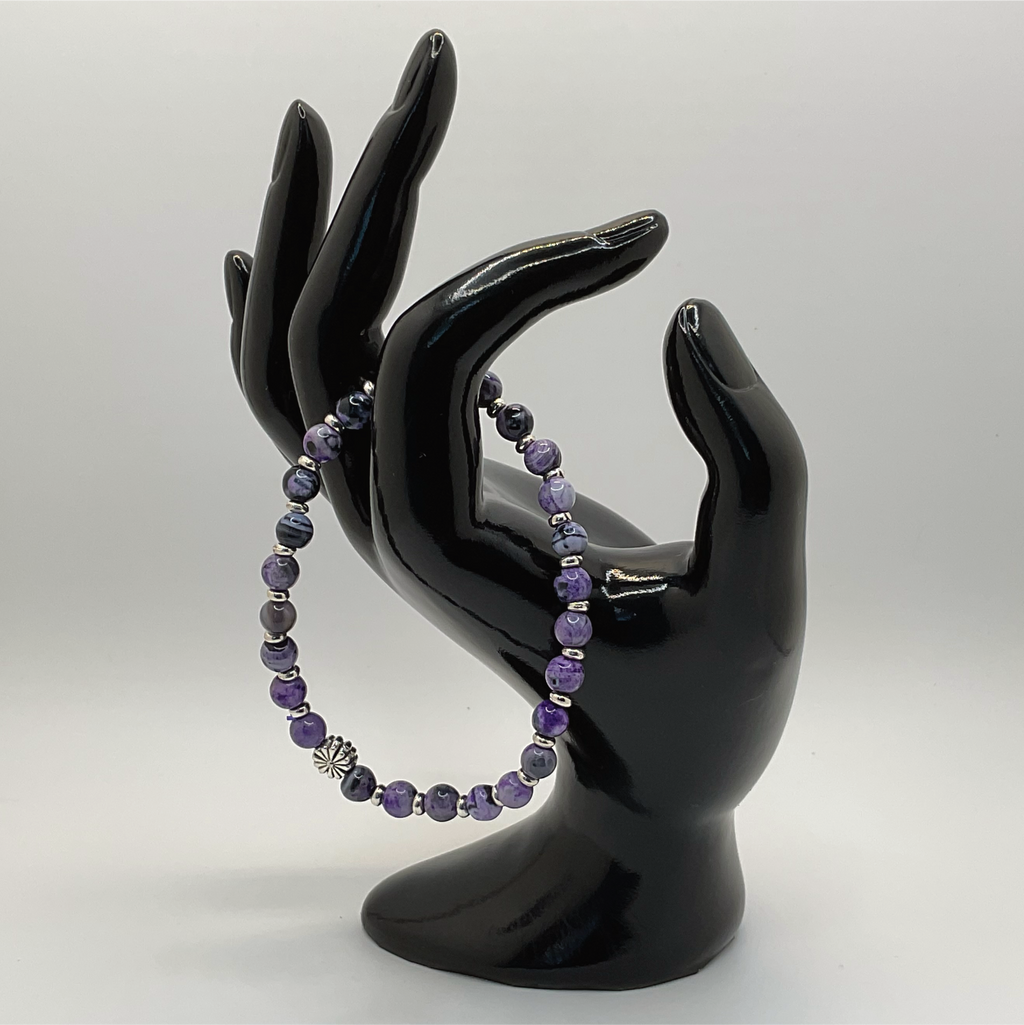 Purple Dragon Vein Agate Flower Charm Bracelet with Tiny Silver Spacers