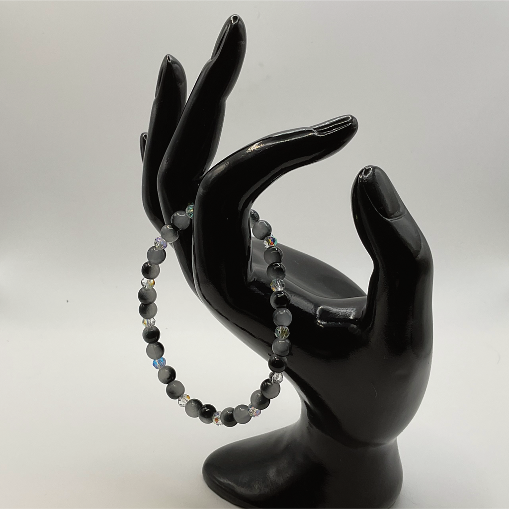 Grey Black Glass Bracelet with Crystal Spacers