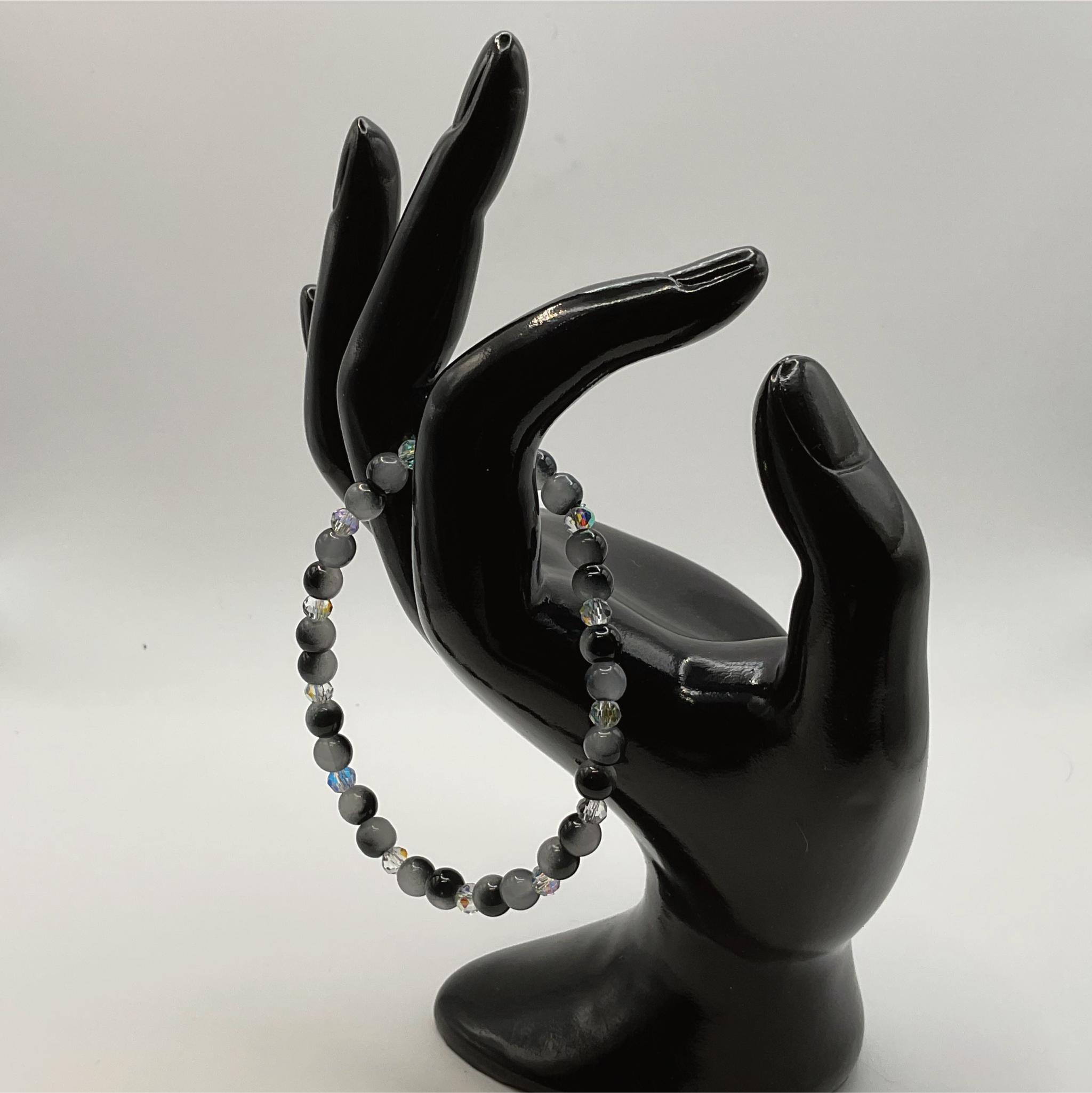 Grey Black Glass Bracelet with Crystal Spacers