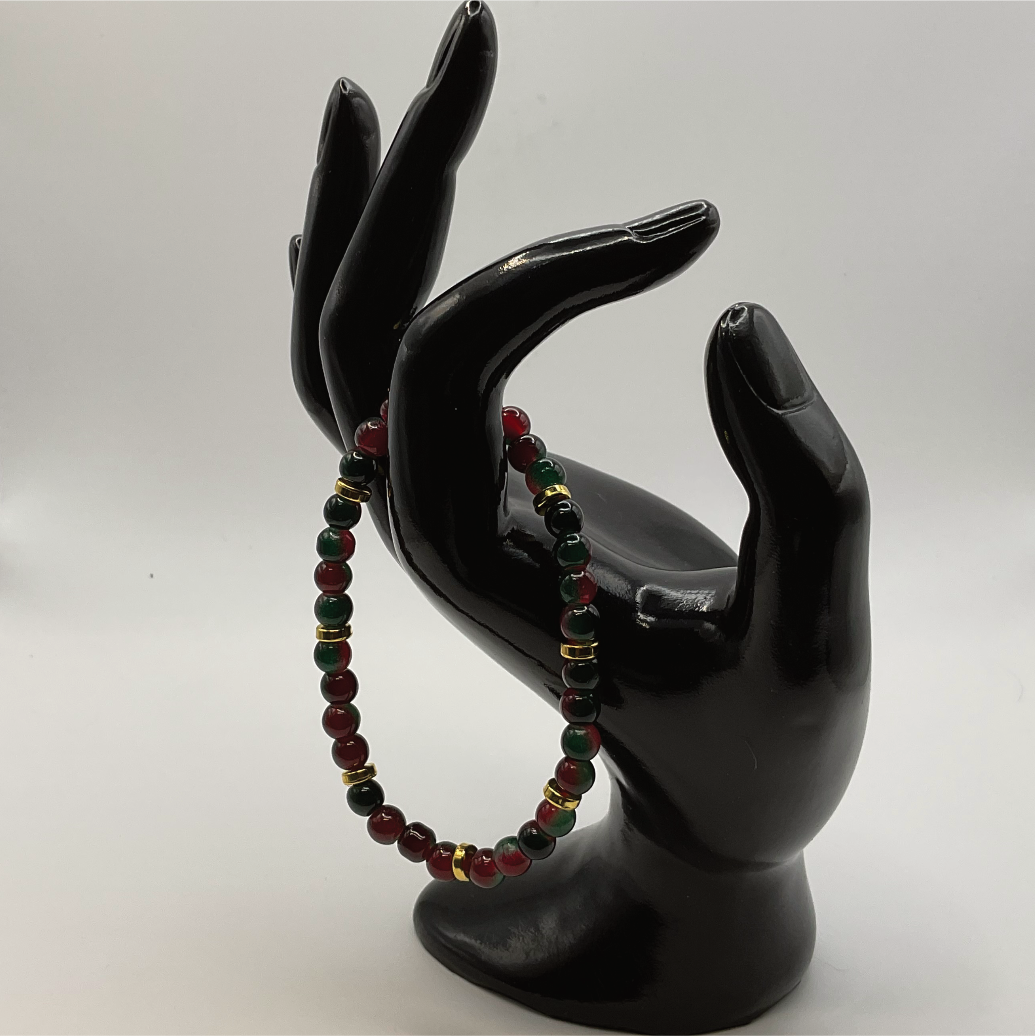 Red Green Glass Bracelet with Gold Spacers