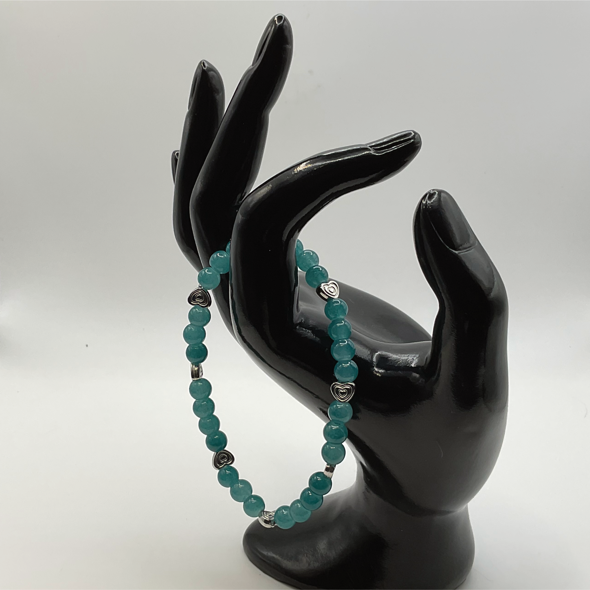 Aqua Glass Bracelet with Silver Heart Spacers