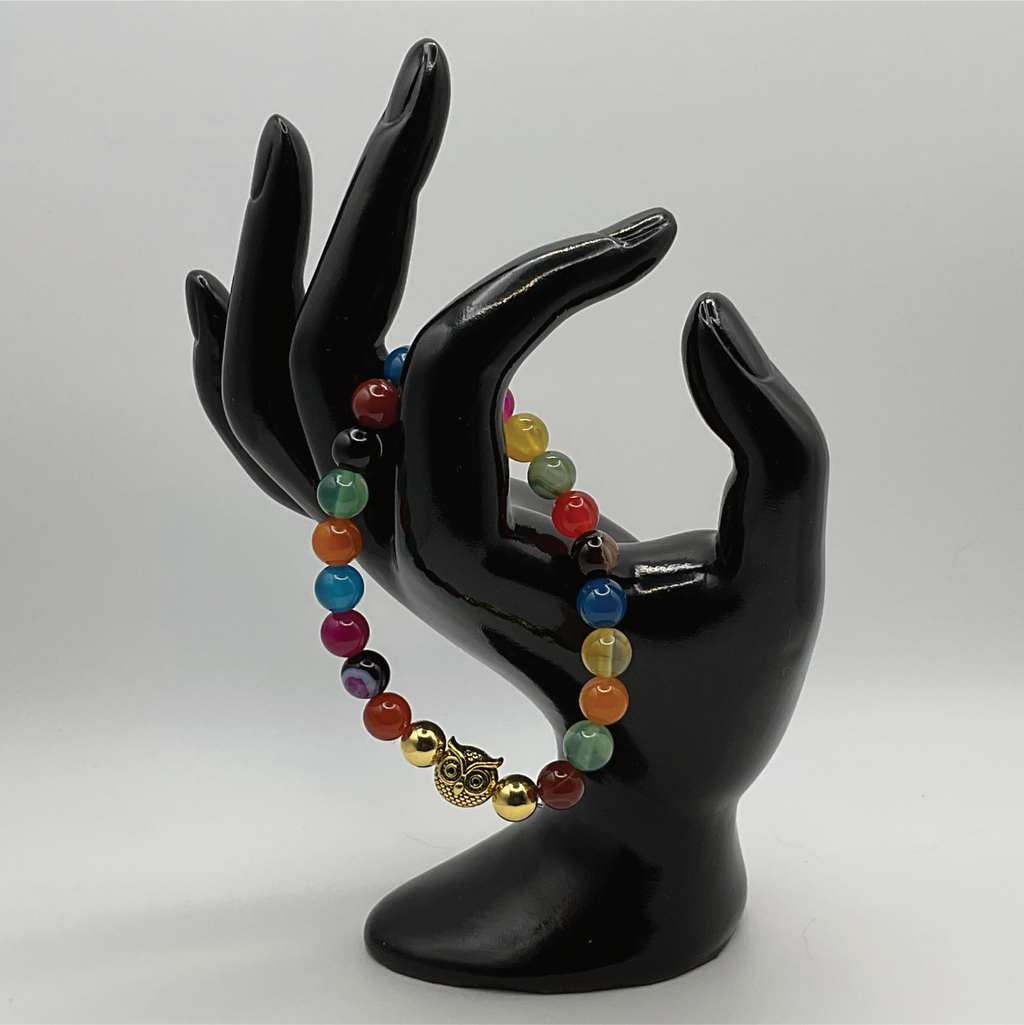 Multicolored Dragon Vein Agate Owl Charm Bracelet with Gold Tone Spacers