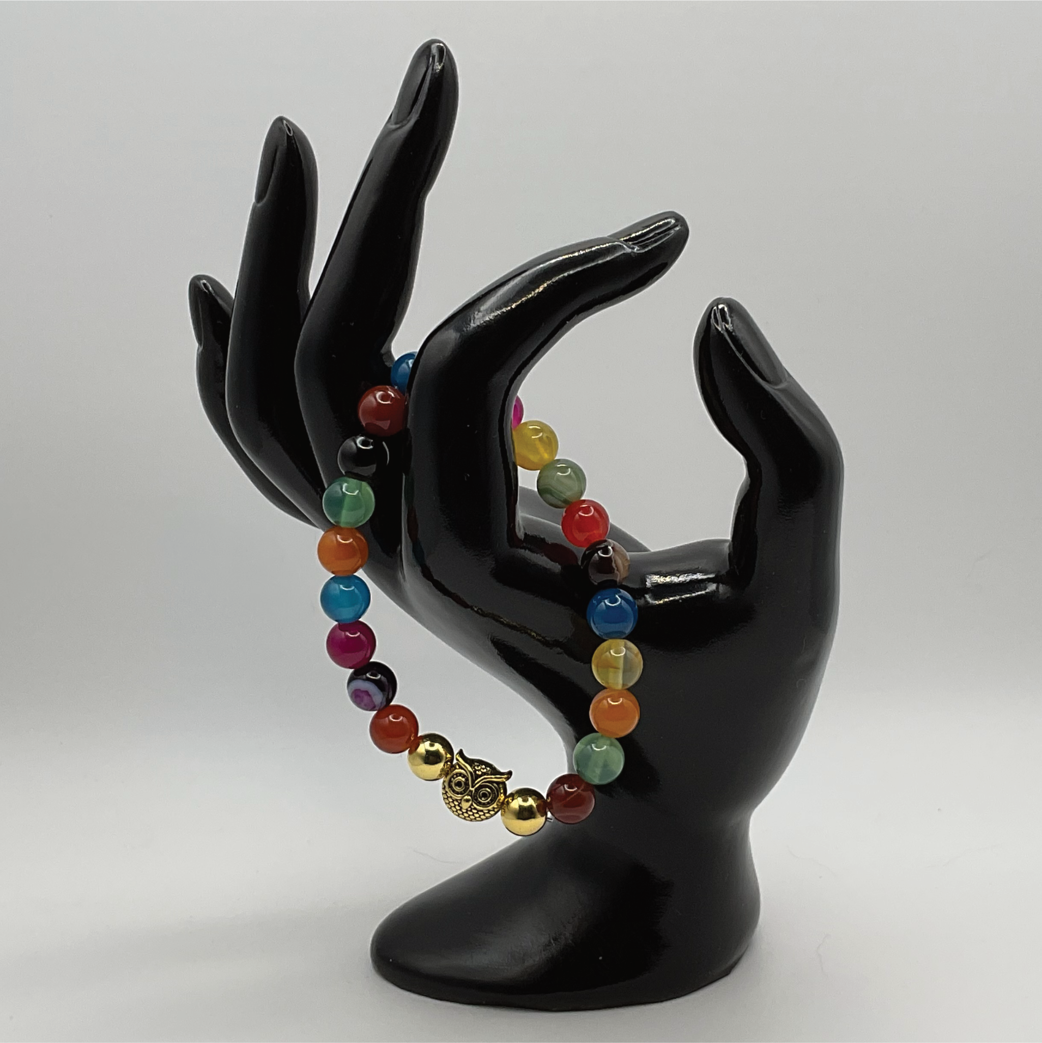 Multicolored Dragon Vein Agate Owl Charm Bracelet with Gold Tone Spacers