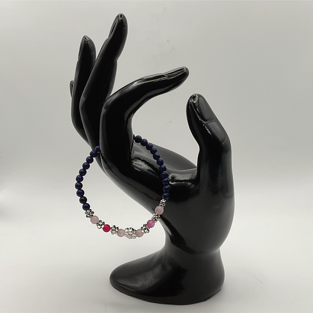 14.5 cm (5.7") Sodalite Pink Dragon Vein Agate Silver Flowers Bracelet