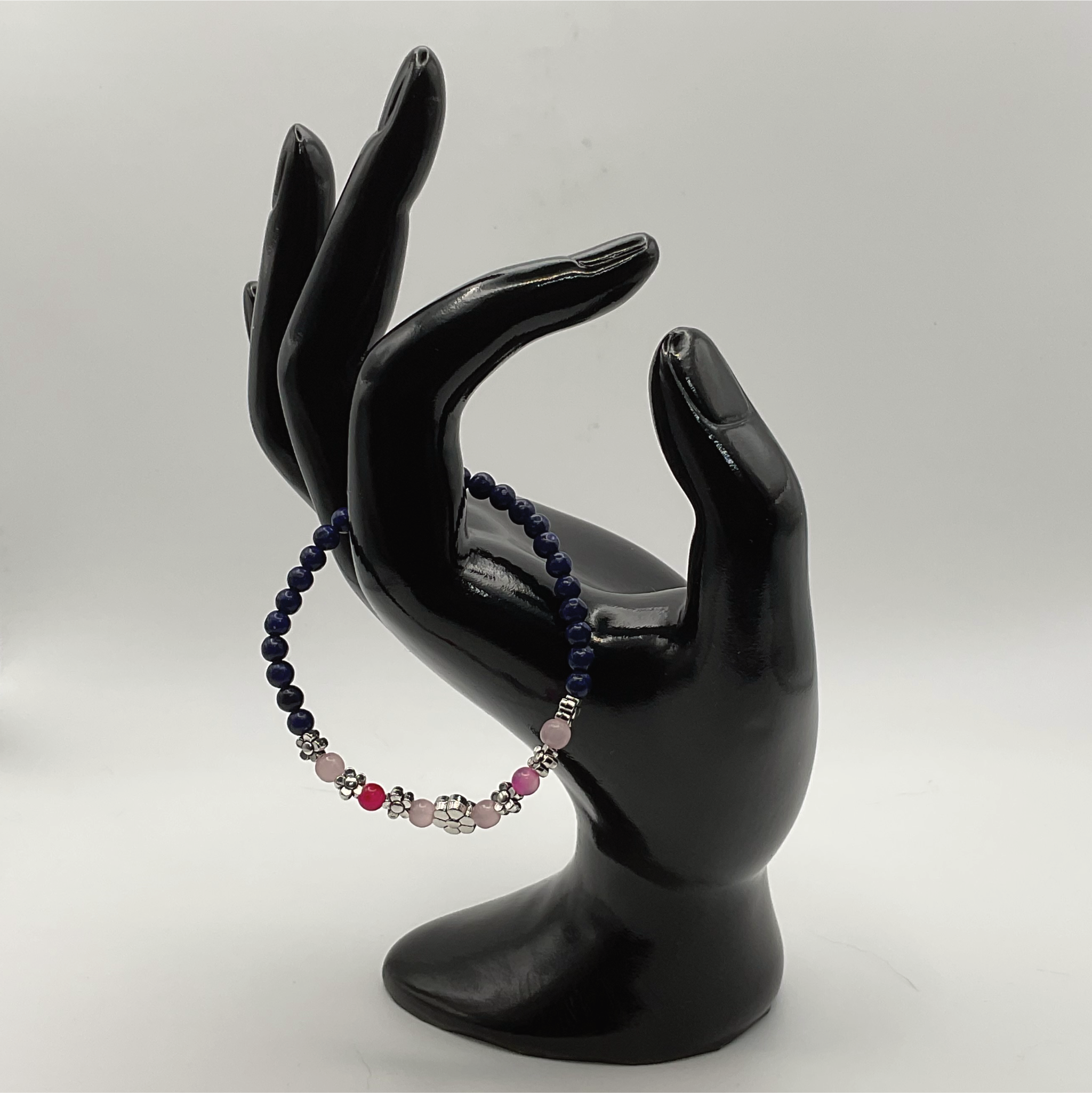 14.5 cm (5.7") Sodalite Pink Dragon Vein Agate Silver Flowers Bracelet