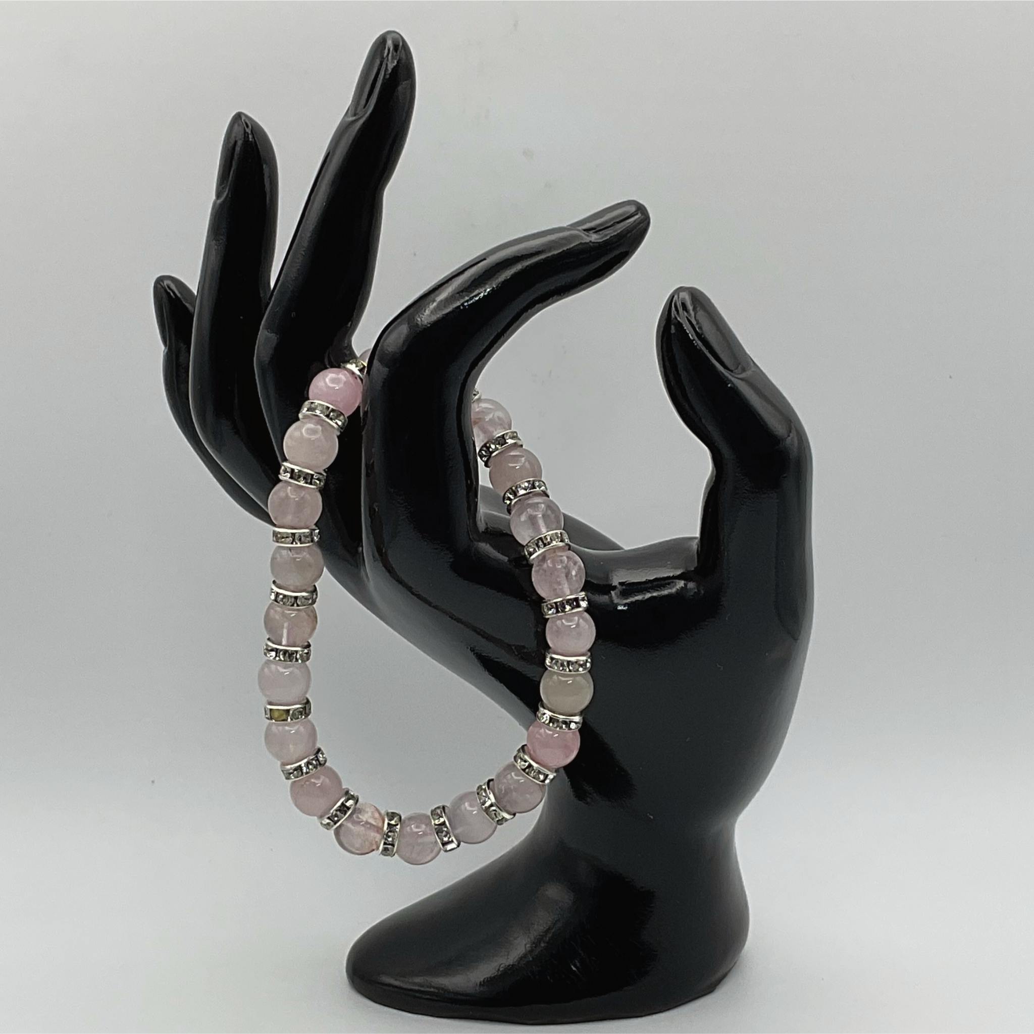 Pulsera de Cuarzo Rosa con Separadores de Cristal Plateados