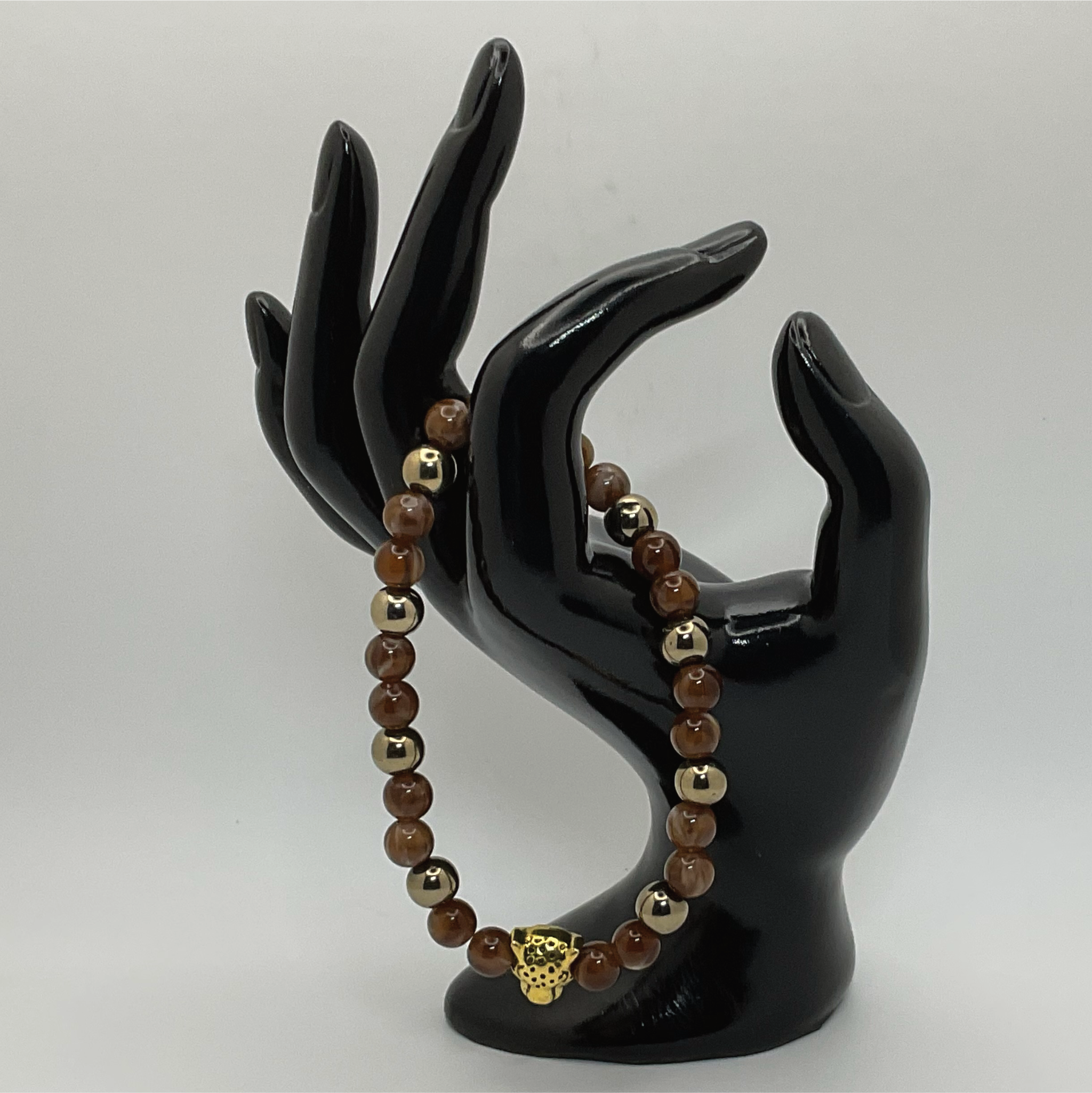 Tiger's Eye Hematite Leopard Charm Bracelet with Gold Spacers