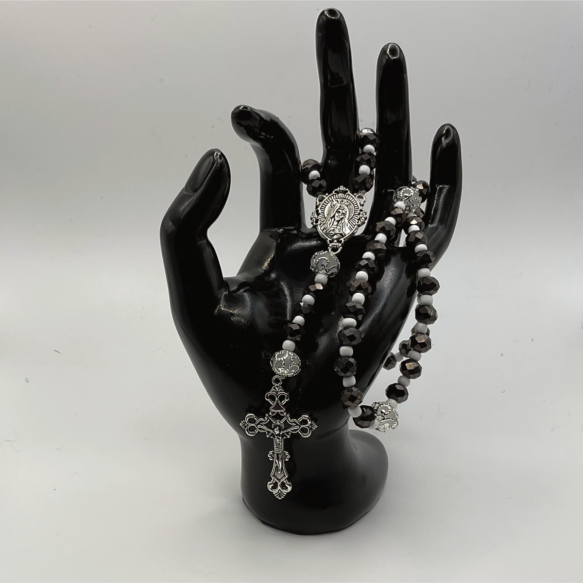 Black Faceted White Spacers Full 5 Decade Silver Rosary