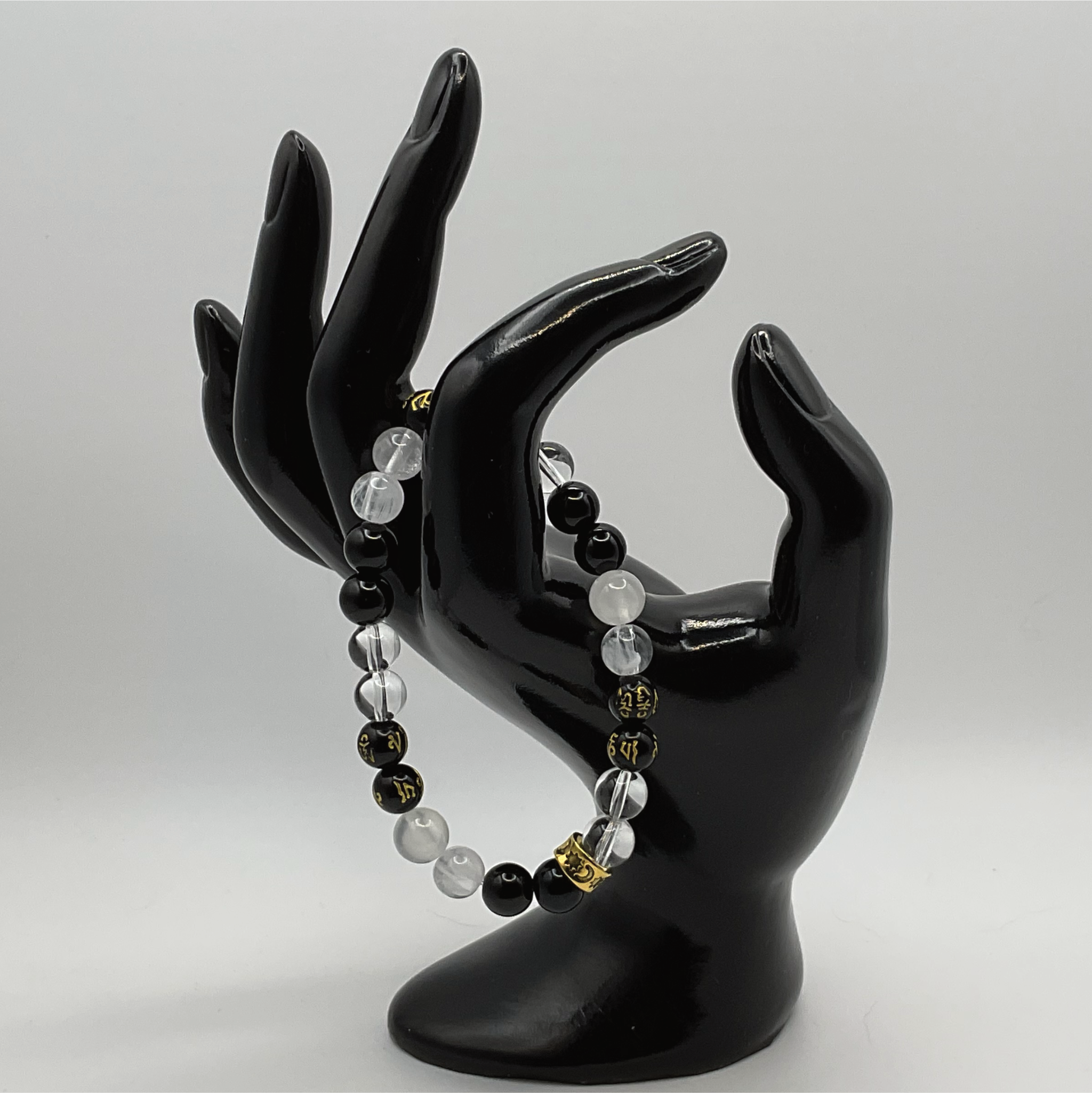 Clear Quartz Milky Quartz Black Pixiu Bracelet with Gold Tone Barrel Spacers