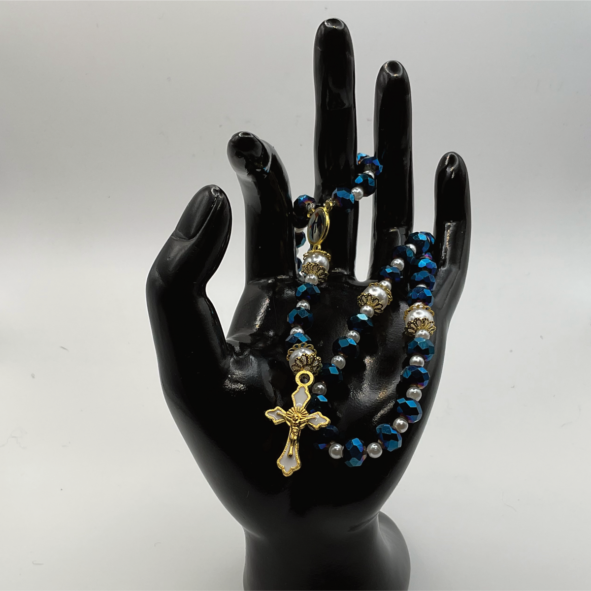 Blue Faceted Pearl Full 5 Decade Gold Rosary