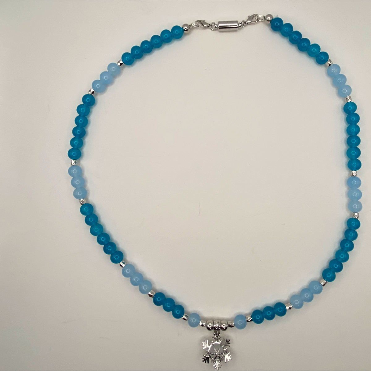 22" Multi-Blue Snowflake Charm Glass Necklace with Silver Spacers