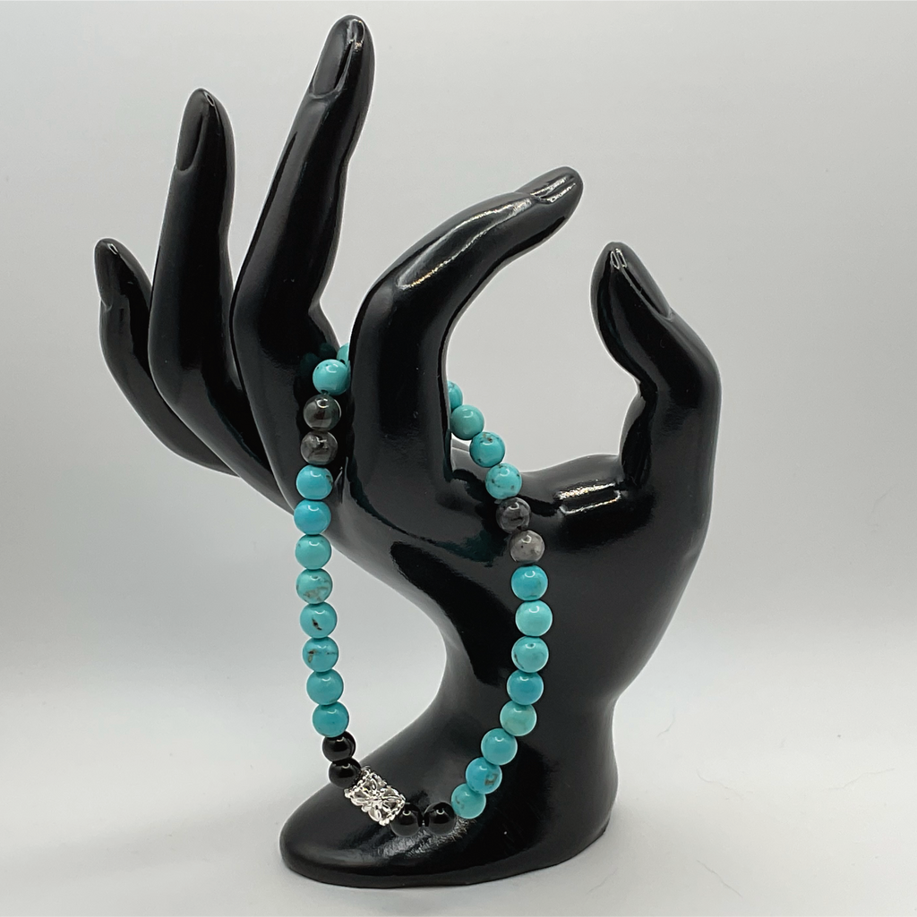 Turquoise Howlite Black Agate Bracelet with Silver Tone Barrel Spacer
