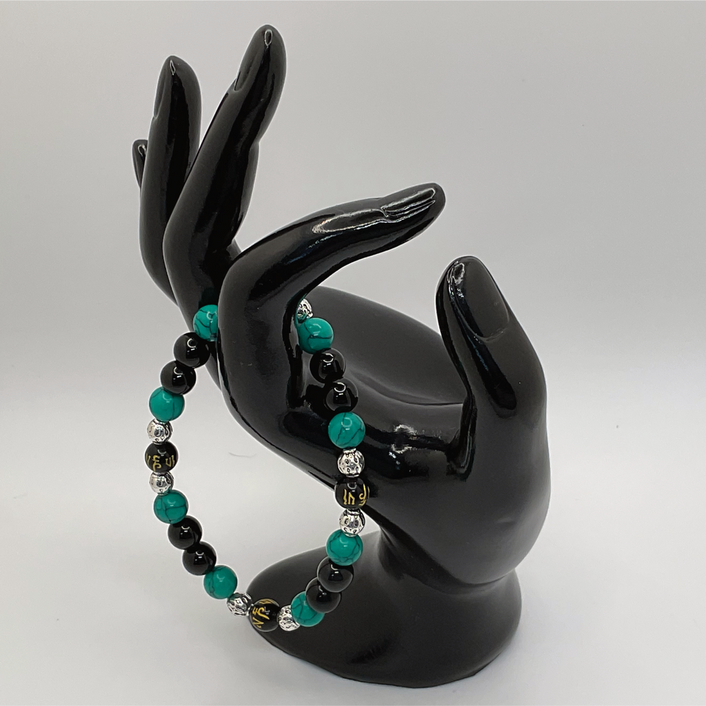Green Howlite Black Agate Black Pixiu Bracelet with Silver Spacers
