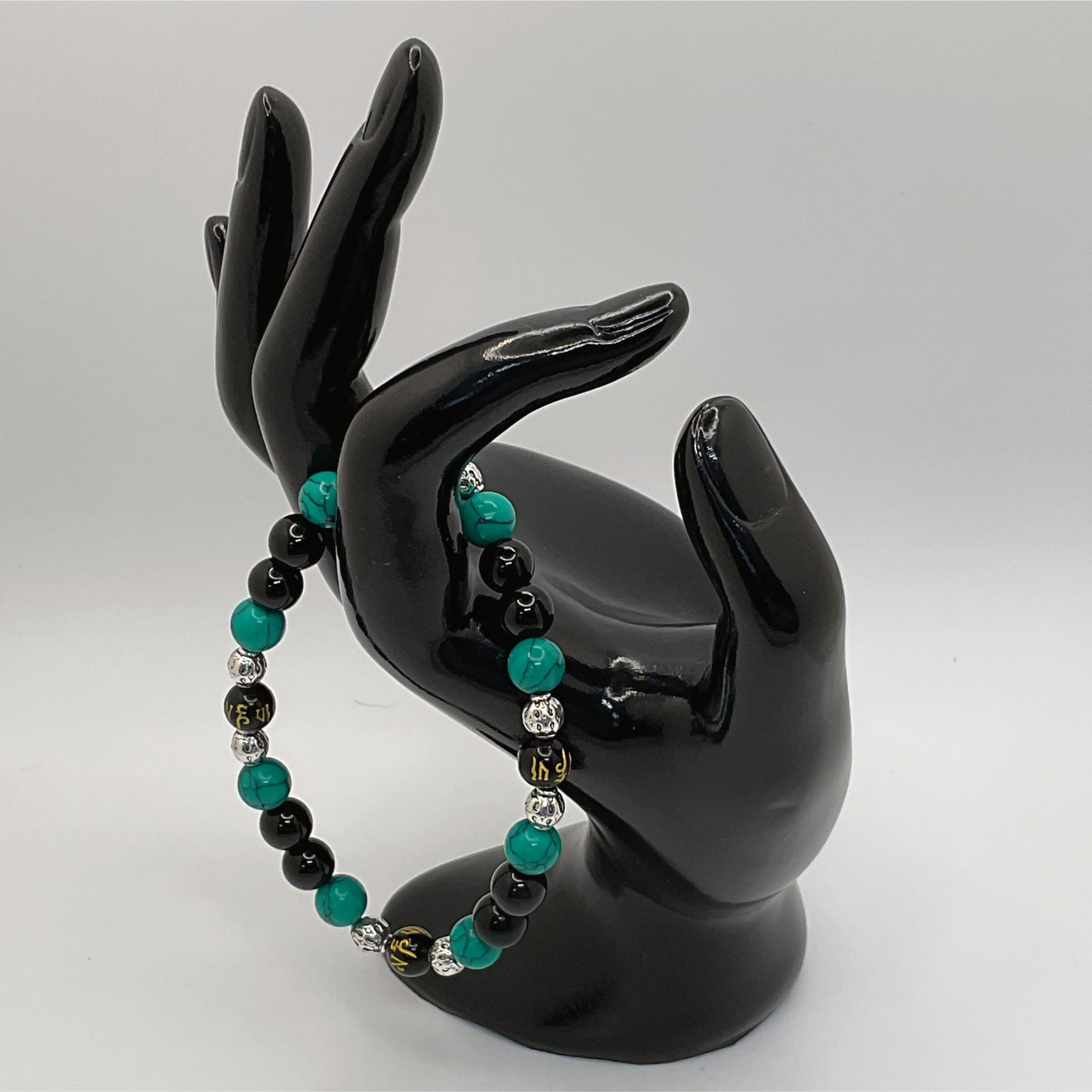 Green Howlite Black Agate Black Pixiu Bracelet with Silver Spacers