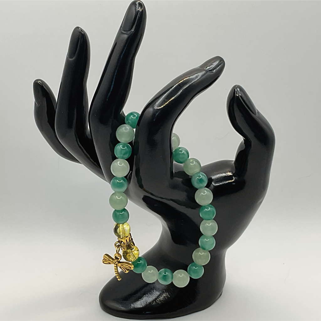 Green Chalcedony Amber Dragonfly Charm Bracelet