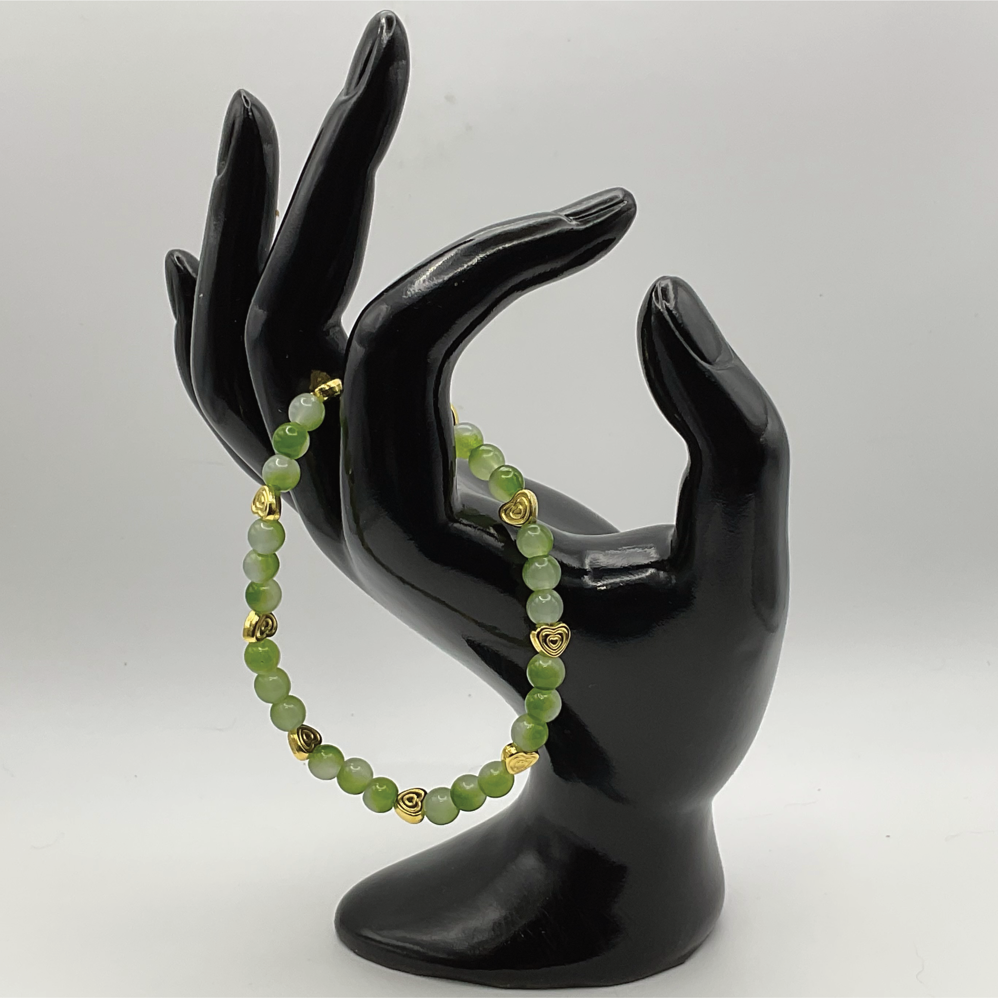 Cloudy Green Glass Bracelet with Gold Heart Spacers