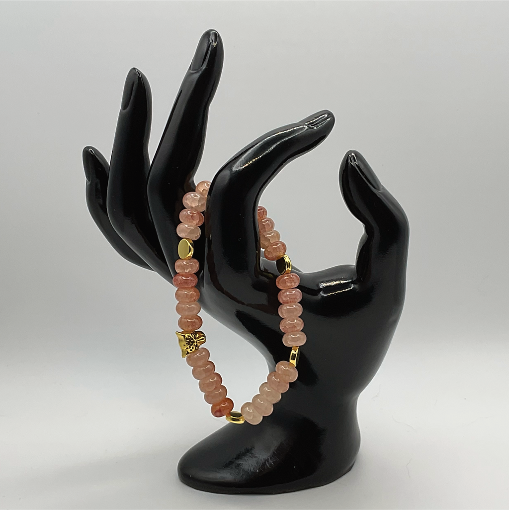 Rose Quartz Panther Charm Bracelet with Gold Tone Disc Spacers