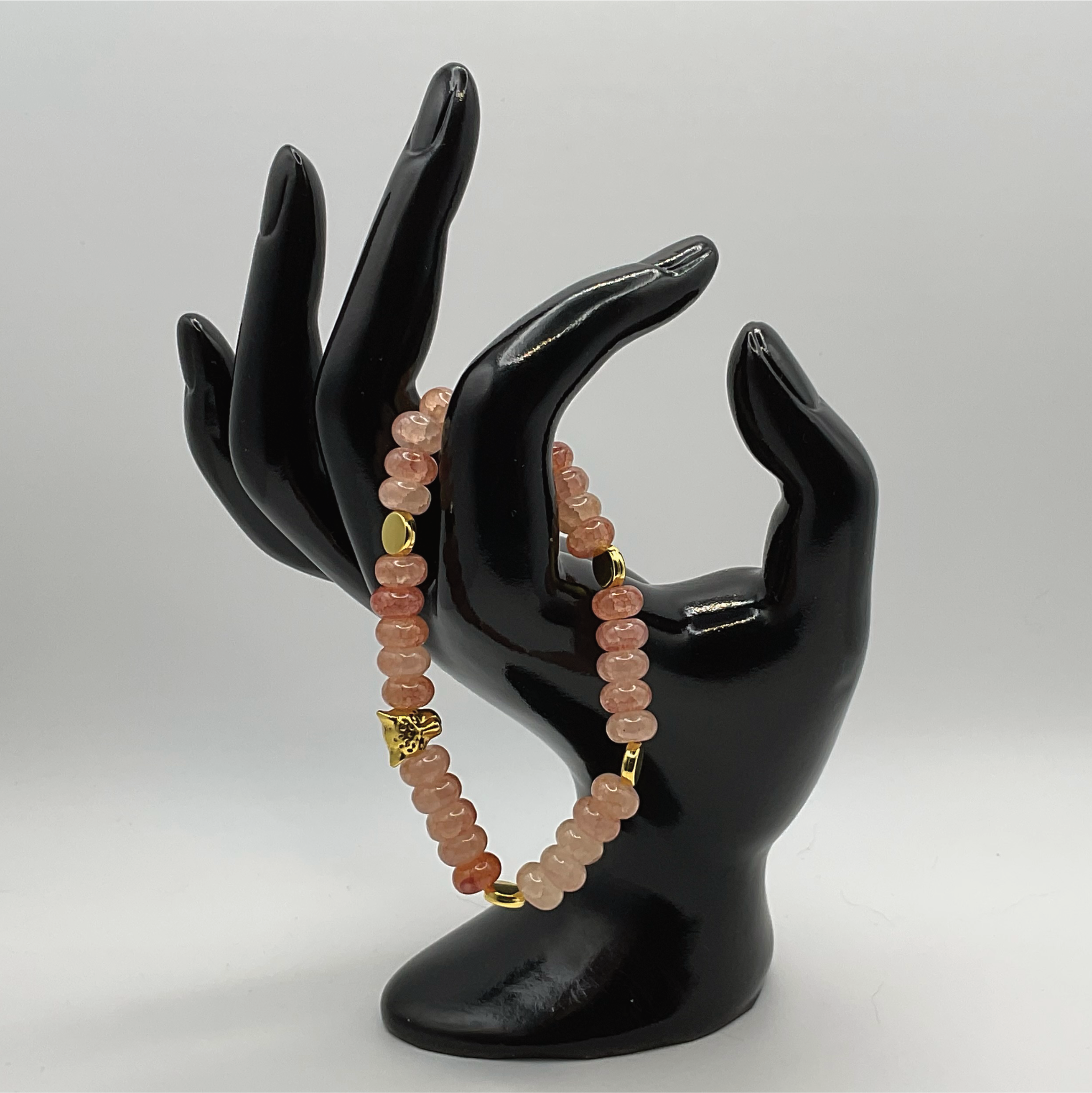 Rose Quartz Panther Charm Bracelet with Gold Tone Disc Spacers