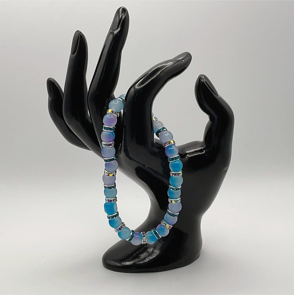 Blue Dragon Vein Agate Bracelet with Silver Tone Crystal Spacers