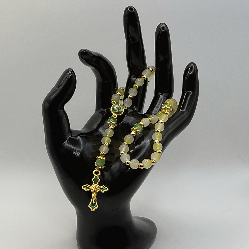 Light Yellow Green Small Full 5 Decade Gold Rosary