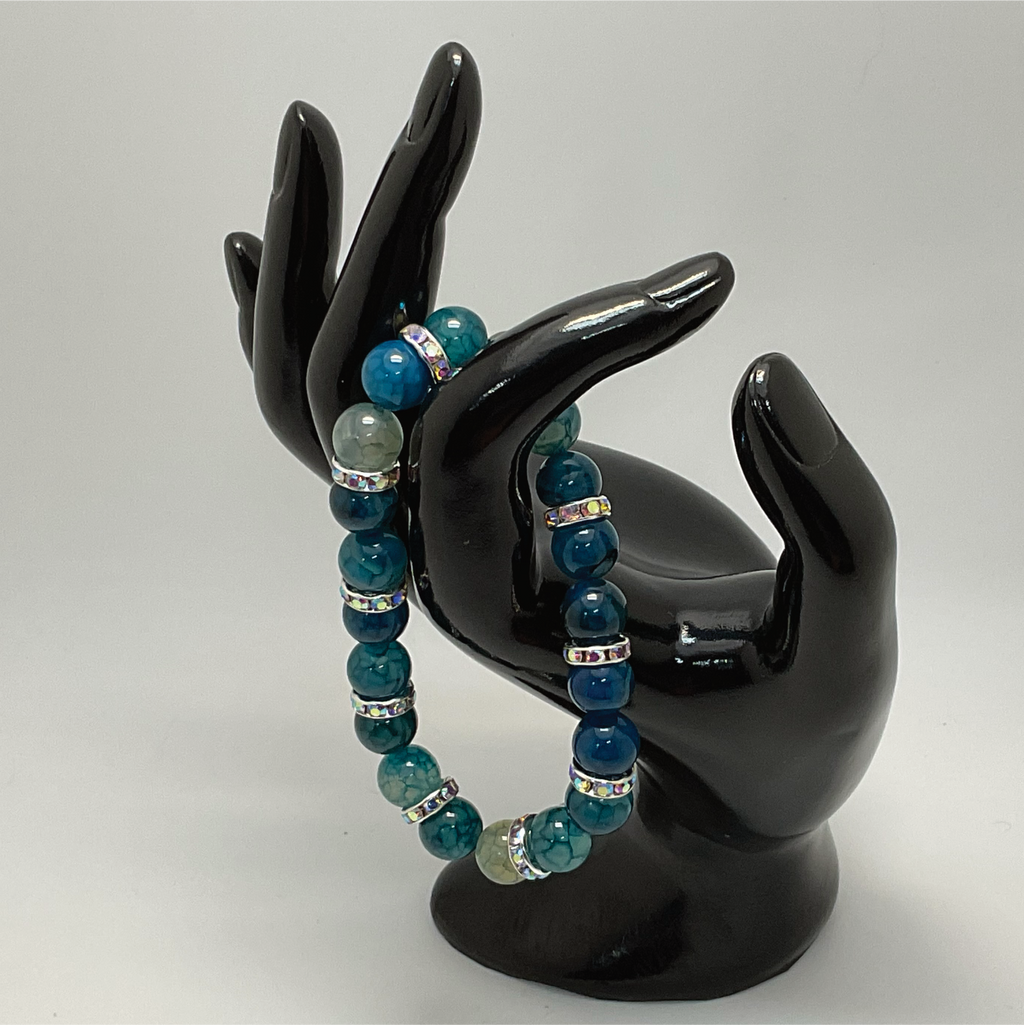 Blue Dragon Agate Bracelet with Silver White Crystal Spacers