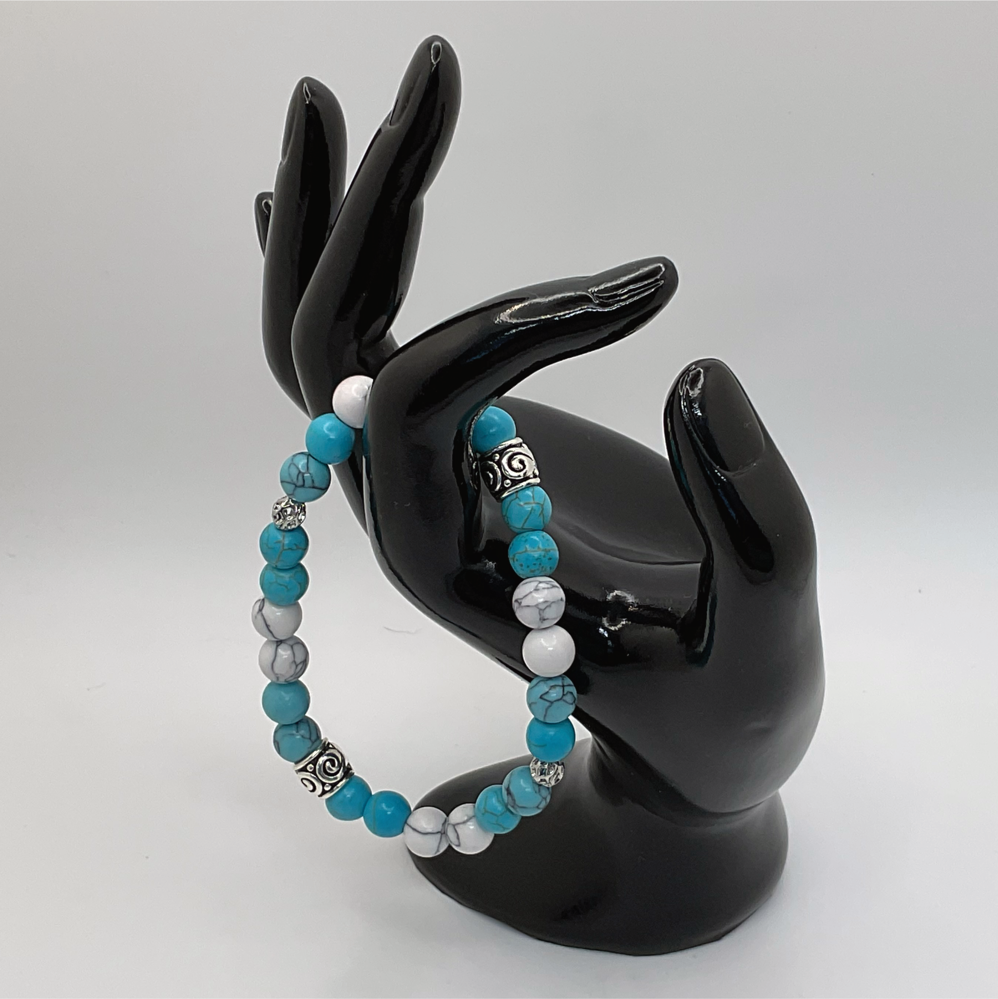 Blue White Howlite Bracelet with Silver Cage and Barrel Spacers