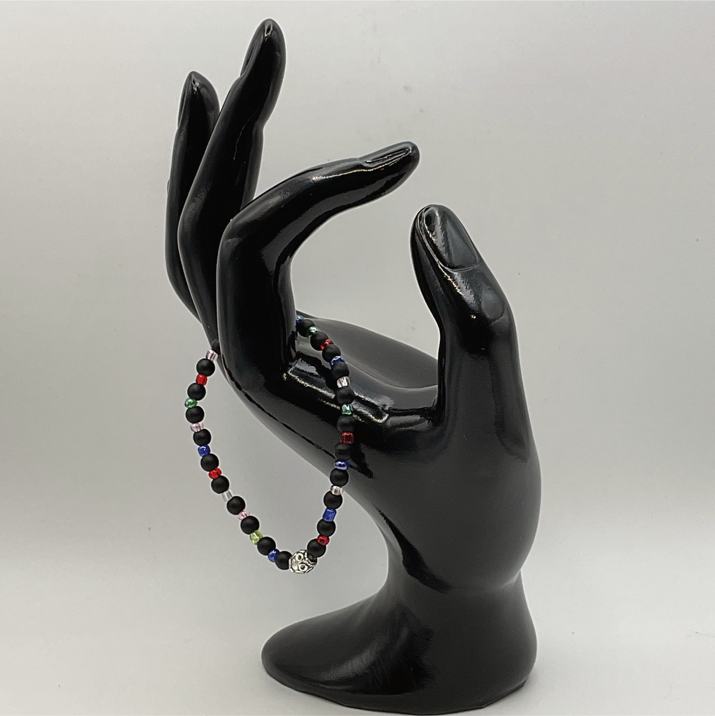 14 cm (5.5") Black Agate Silver Barrel Bracelet with Multi Colored Crystal Spacers